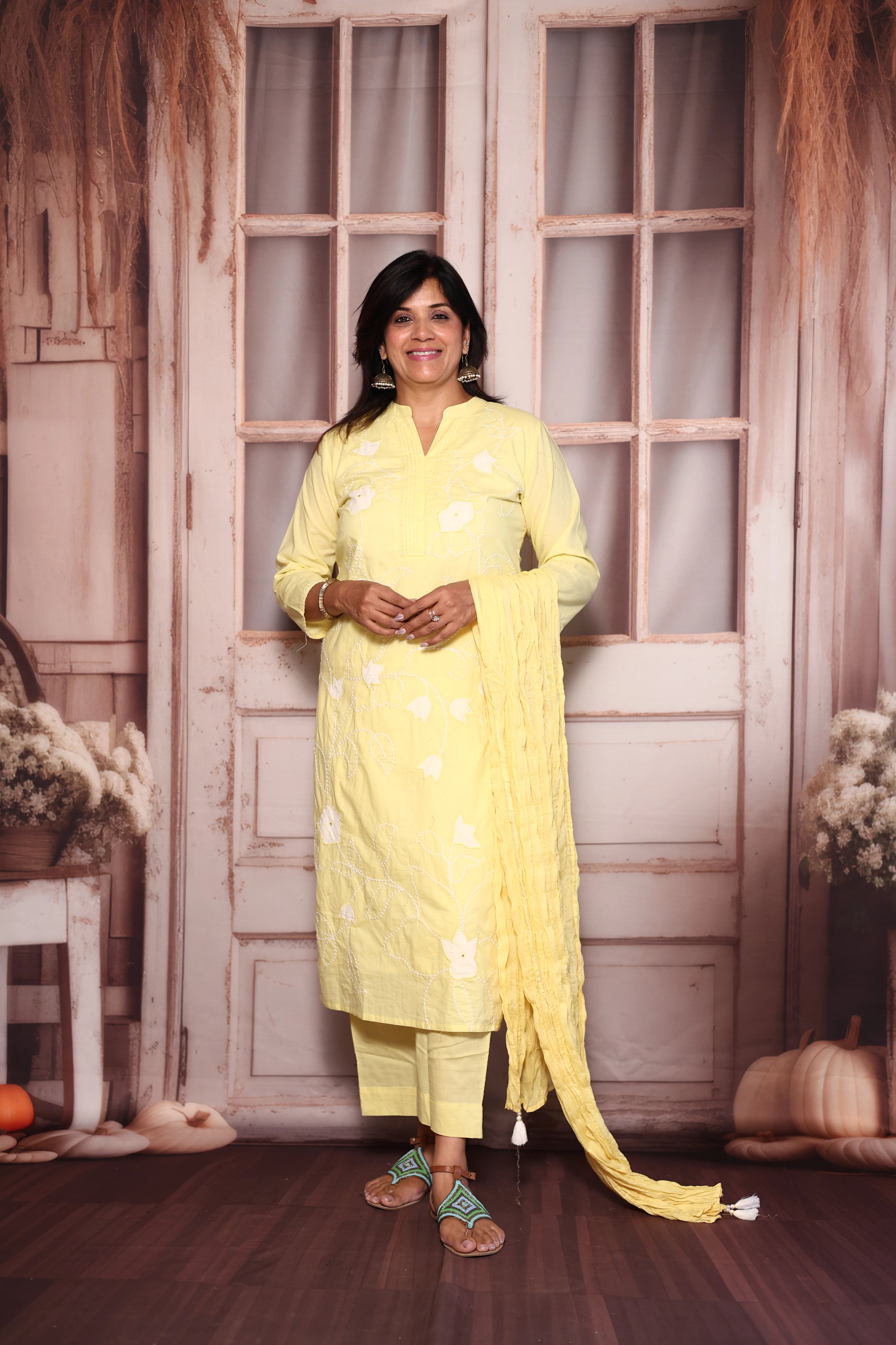 Pastel yellow Appliqué Embroidered Kurti Pant with Dupatta Set | Pure Mul Mul Ethnic Wear