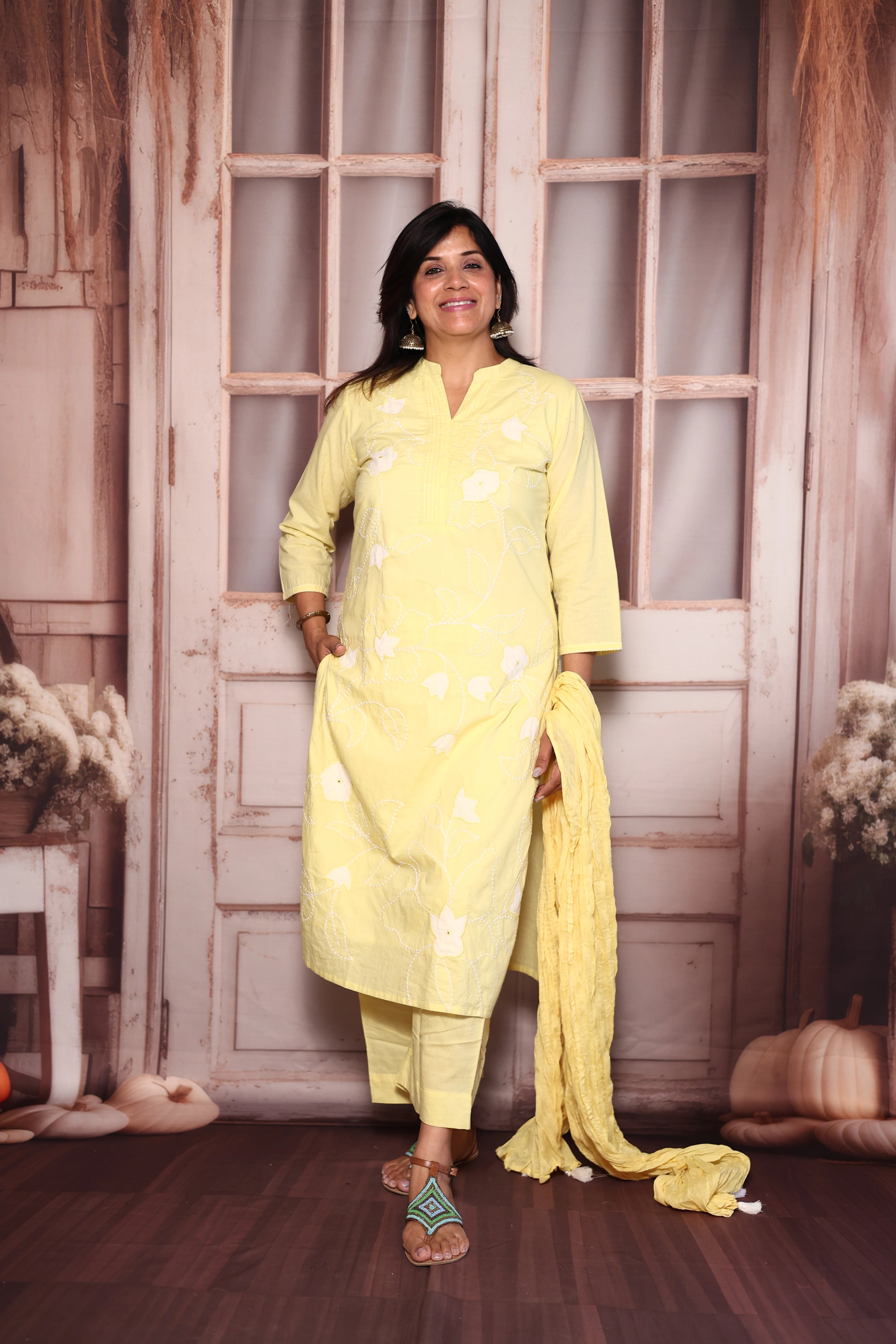 Pastel yellow Appliqué Embroidered Kurti Pant with Dupatta Set | Pure Mul Mul Ethnic Wear