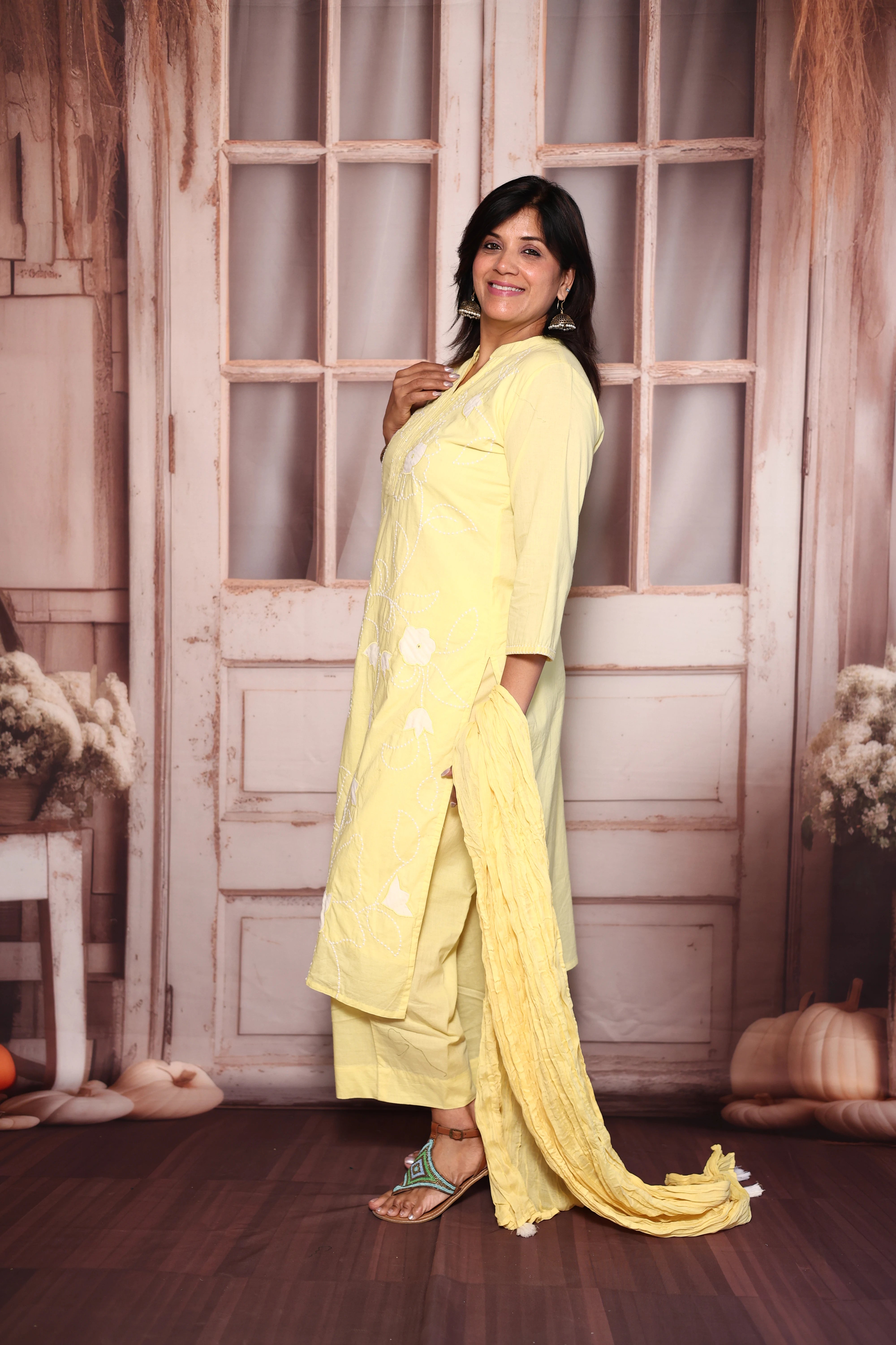 Pastel yellow Appliqué Embroidered Kurti Pant with Dupatta Set | Pure Mul Mul Ethnic Wear