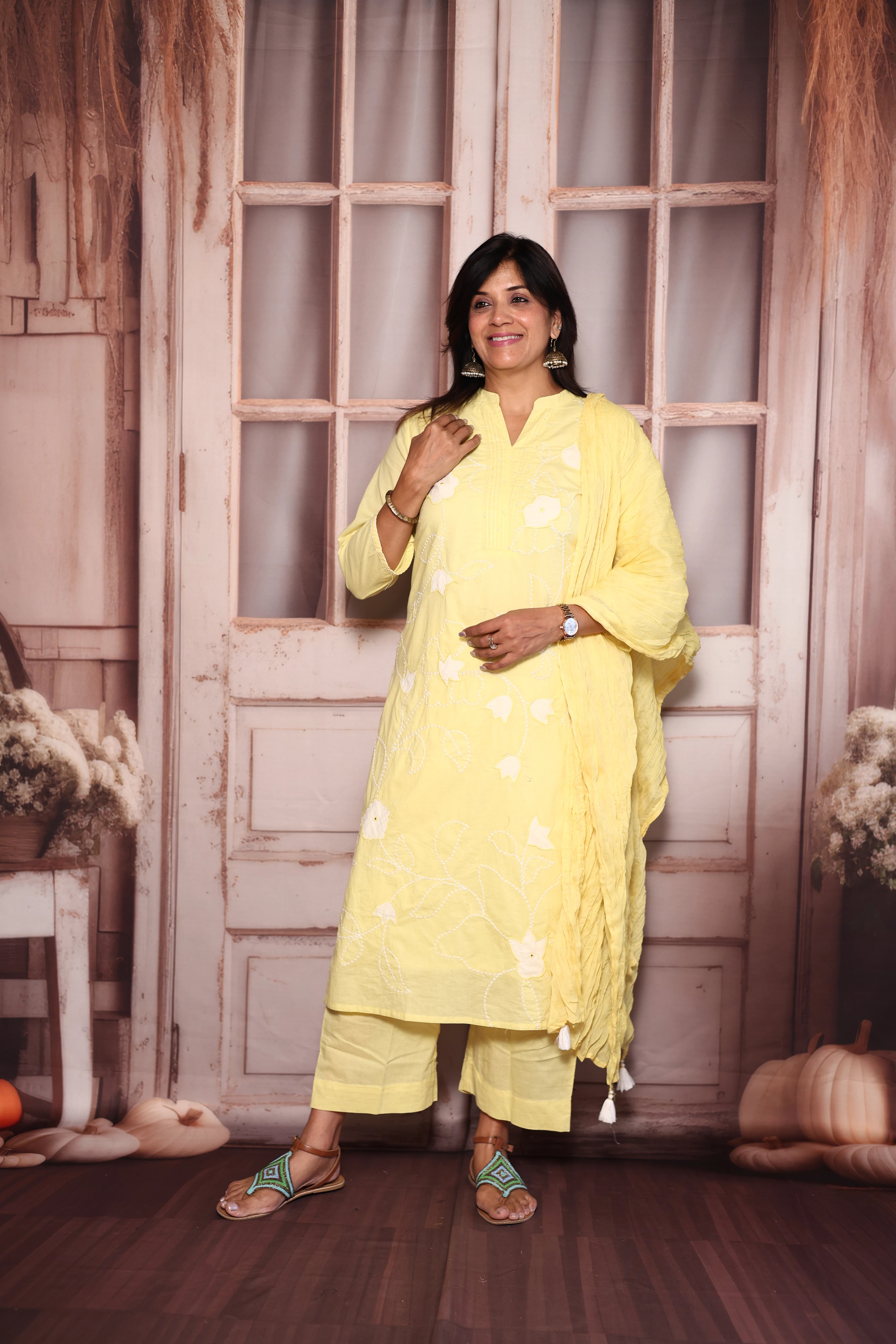 Pastel yellow Appliqué Embroidered Kurti Pant with Dupatta Set | Pure Mul Mul Ethnic Wear