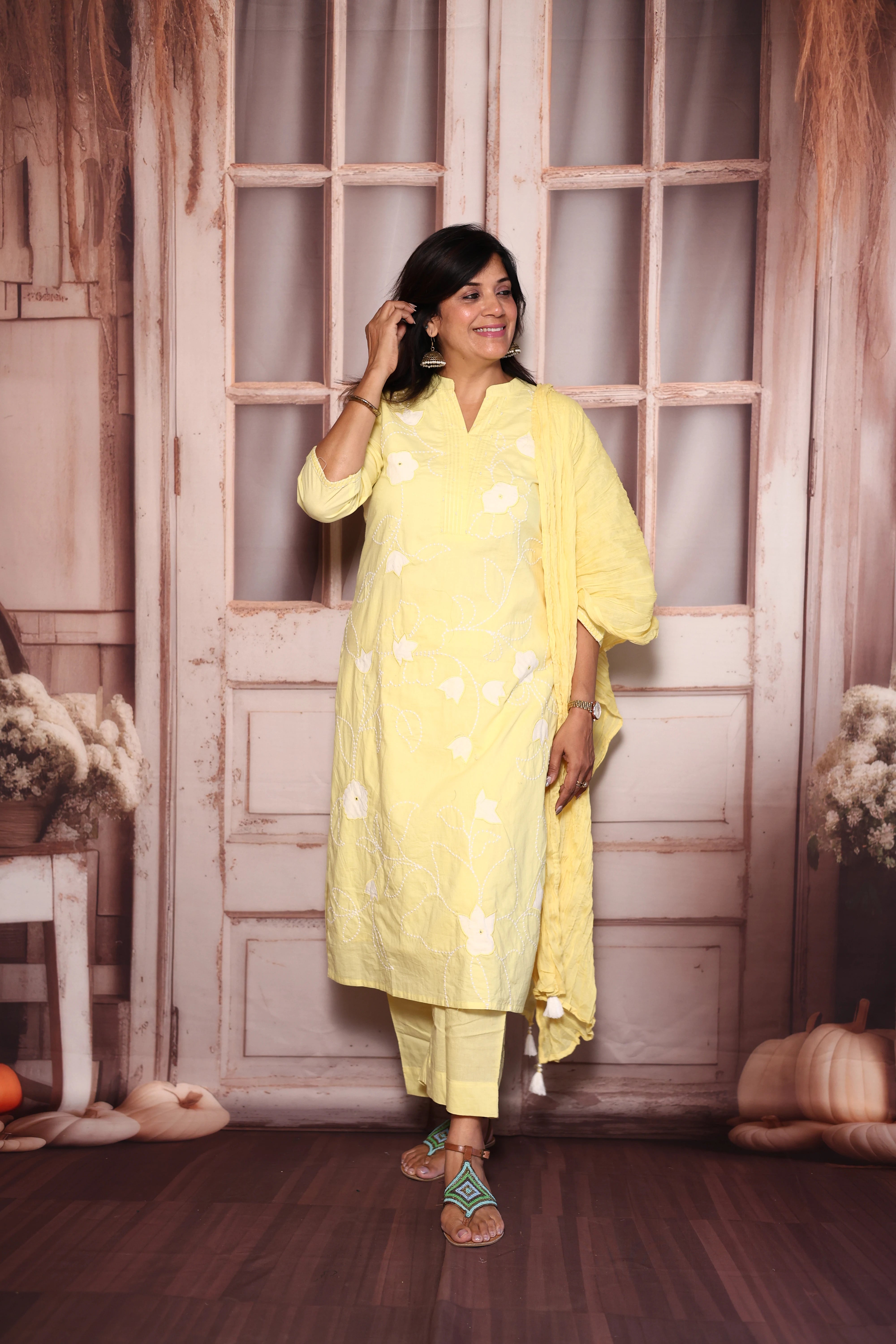 Pastel yellow Appliqué Embroidered Kurti Pant with Dupatta Set | Pure Mul Mul Ethnic Wear