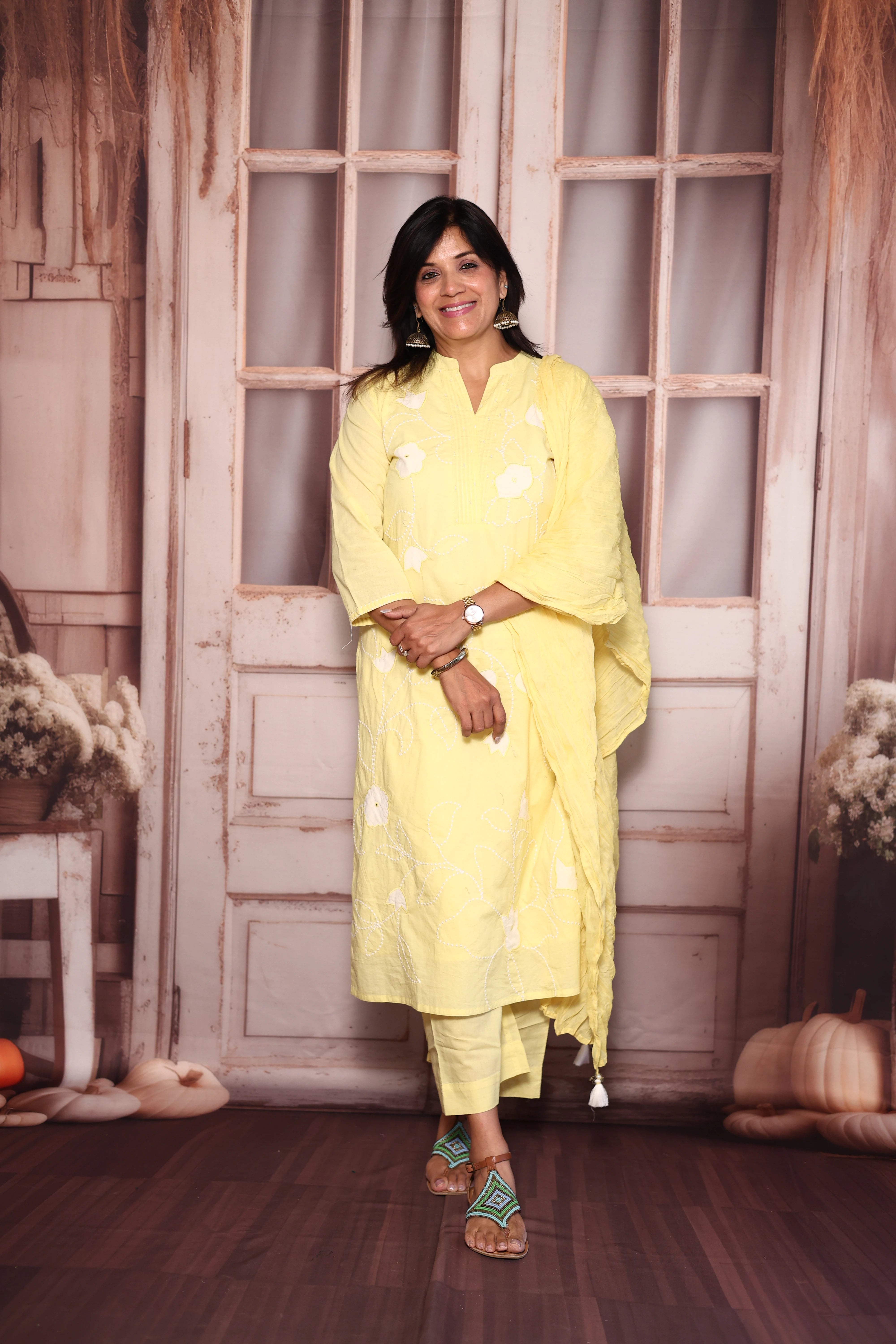 Pastel yellow Appliqué Embroidered Kurti Pant with Dupatta Set | Pure Mul Mul Ethnic Wear