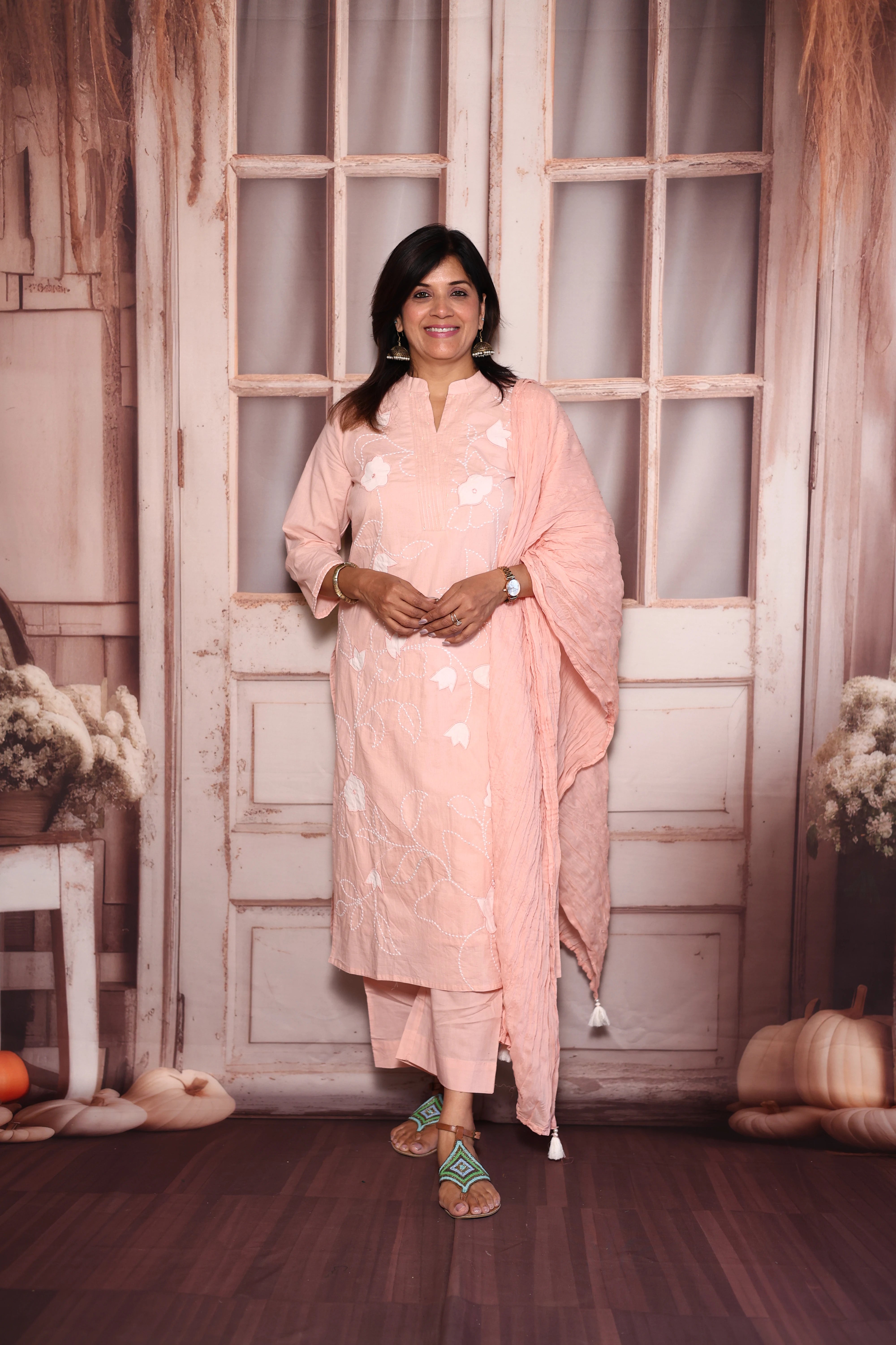 Light Pink Appliqué Embroidered Kurti Pant with Dupatta Set | Pure Mul Mul Ethnic Wear