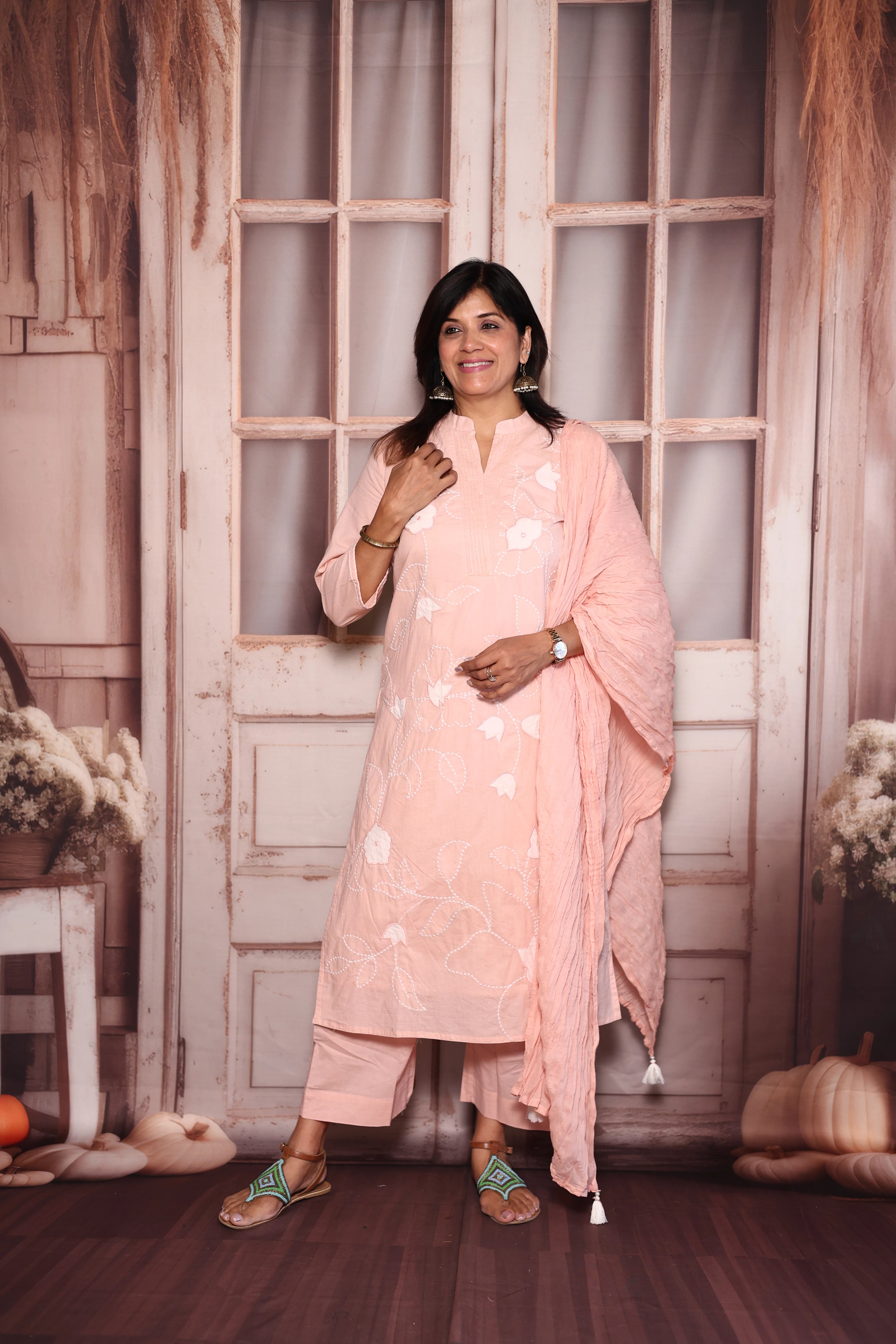 Light Pink Appliqué Embroidered Kurti Pant with Dupatta Set | Pure Mul Mul Ethnic Wear