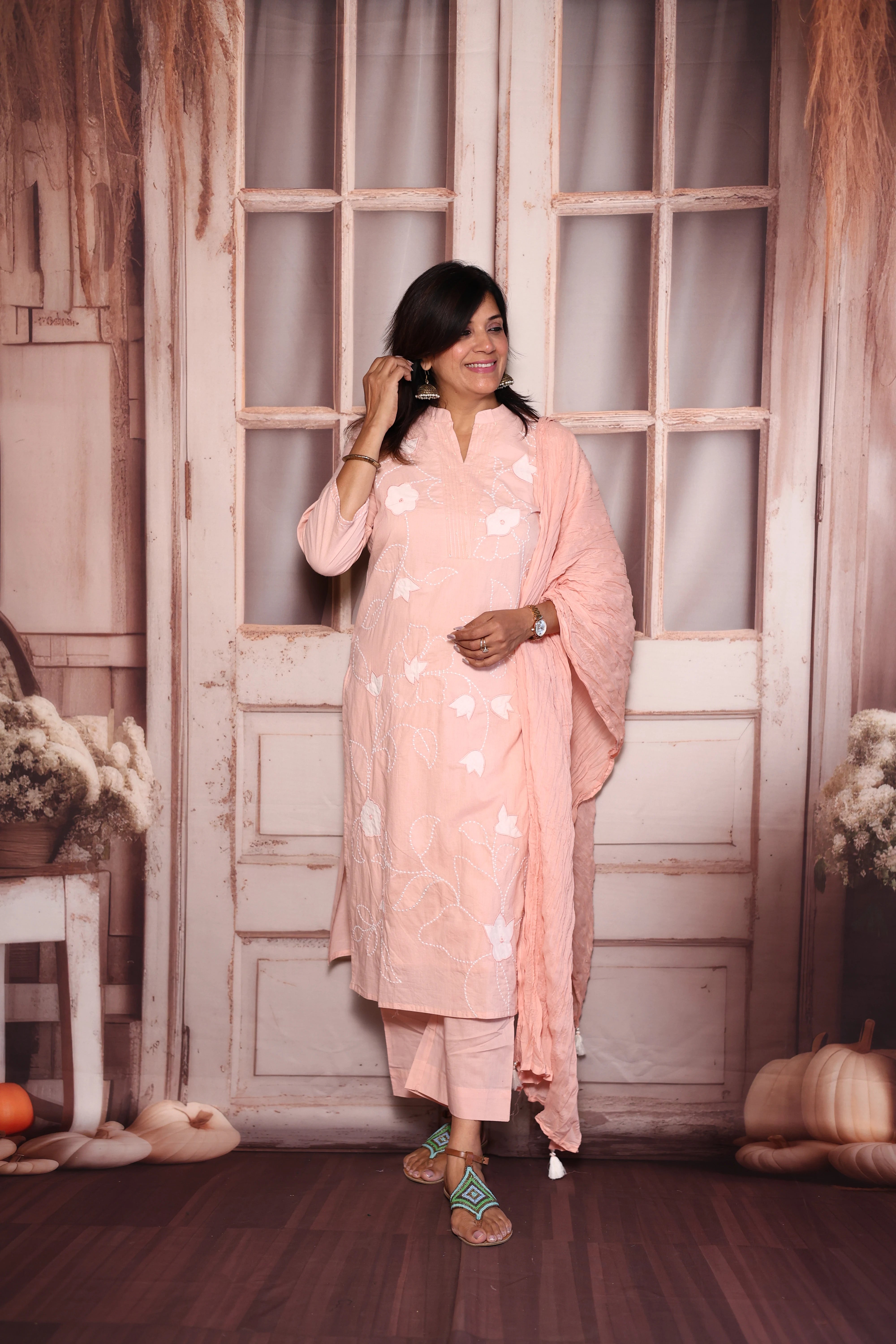 Light Pink Appliqué Embroidered Kurti Pant with Dupatta Set | Pure Mul Mul Ethnic Wear