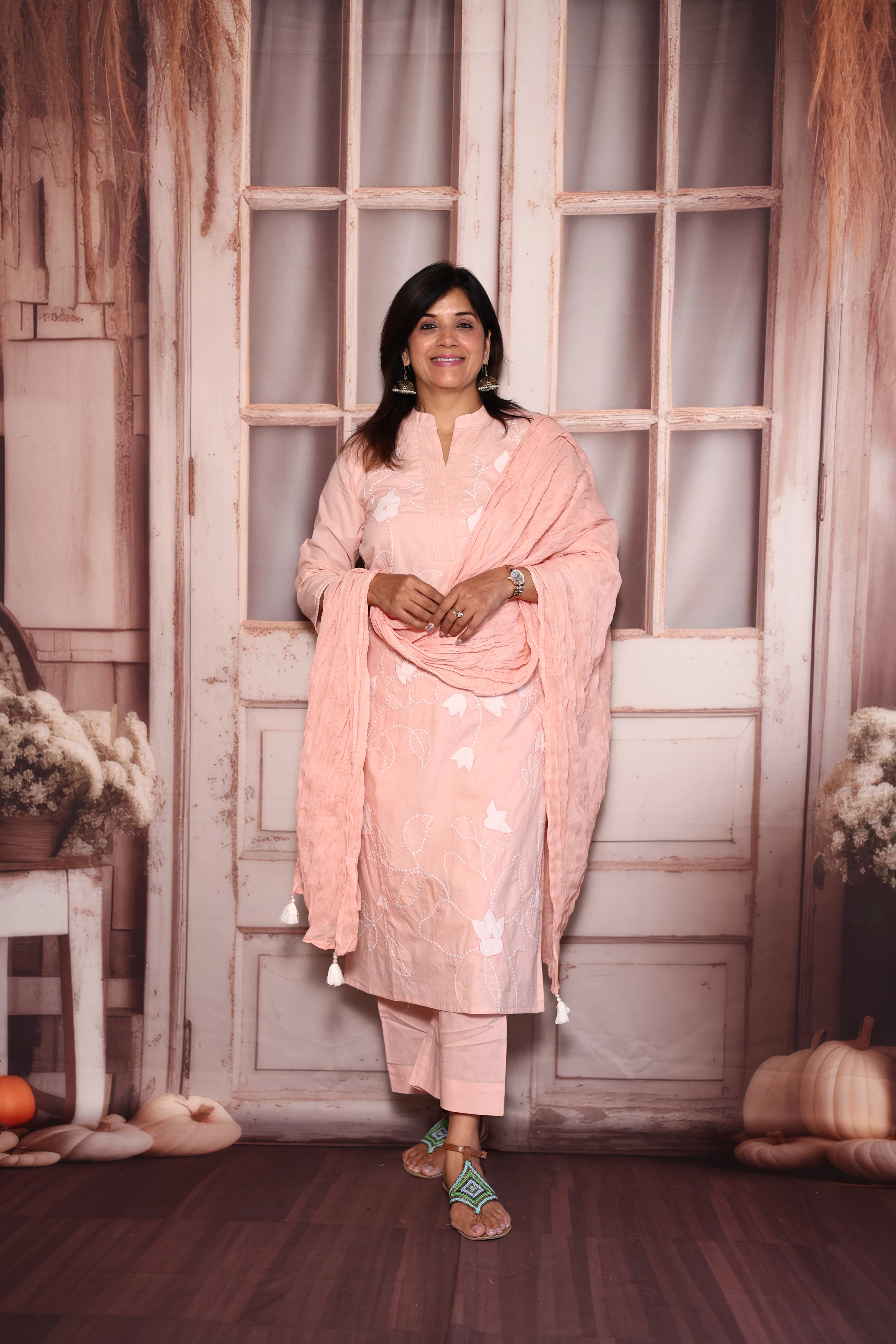 Light Pink Appliqué Embroidered Kurti Pant with Dupatta Set | Pure Mul Mul Ethnic Wear