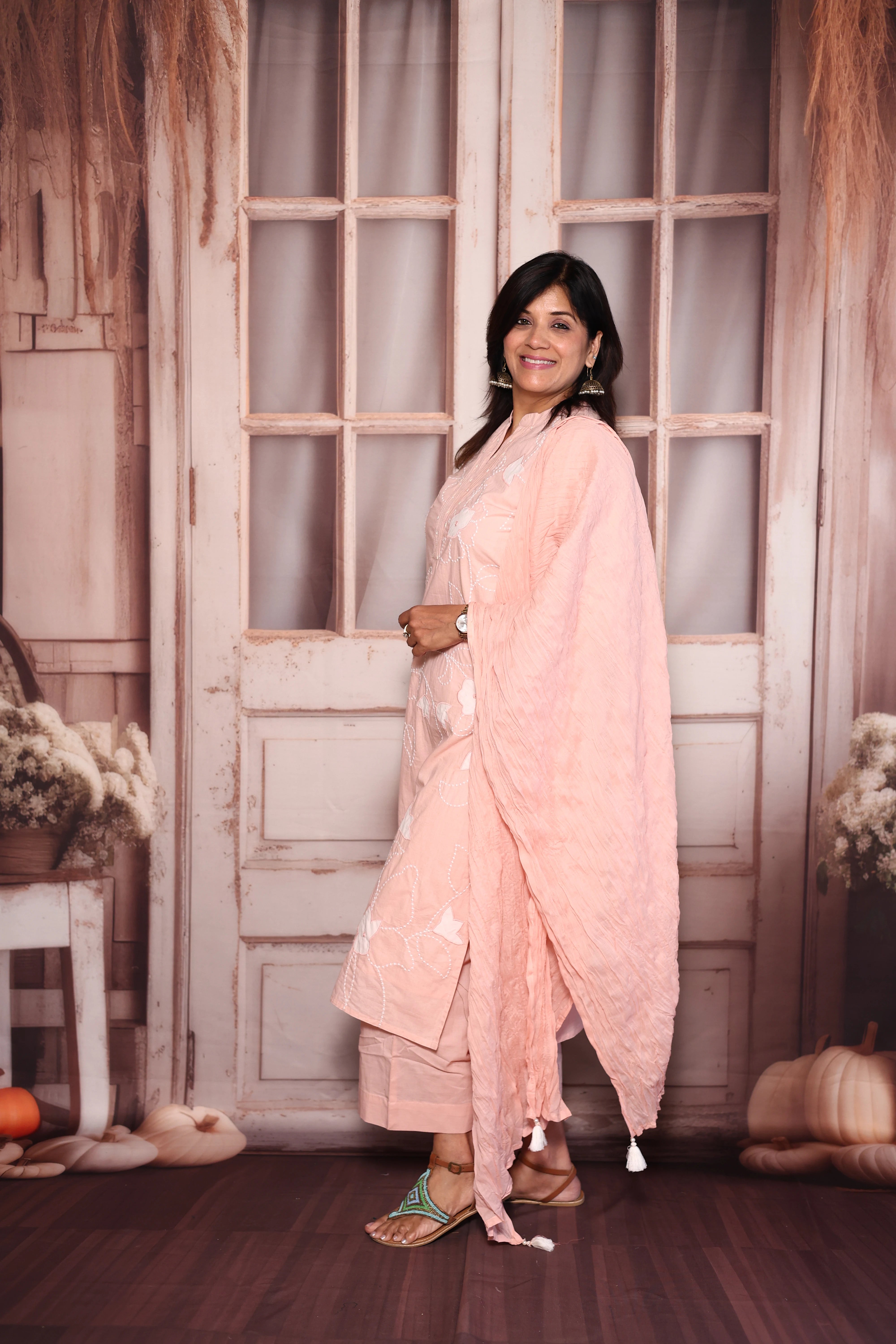 Light Pink Appliqué Embroidered Kurti Pant with Dupatta Set | Pure Mul Mul Ethnic Wear