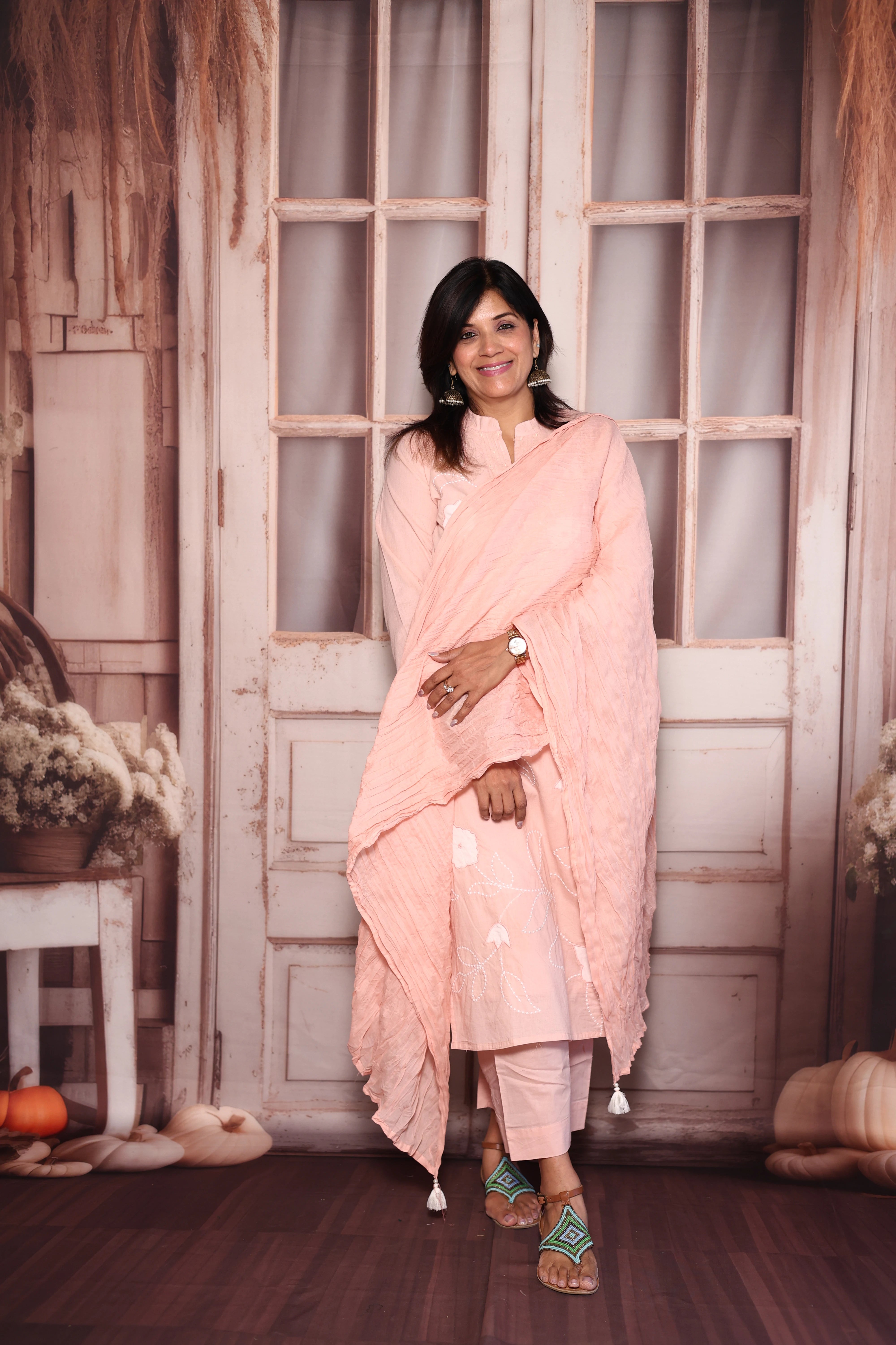 Light Pink Appliqué Embroidered Kurti Pant with Dupatta Set | Pure Mul Mul Ethnic Wear