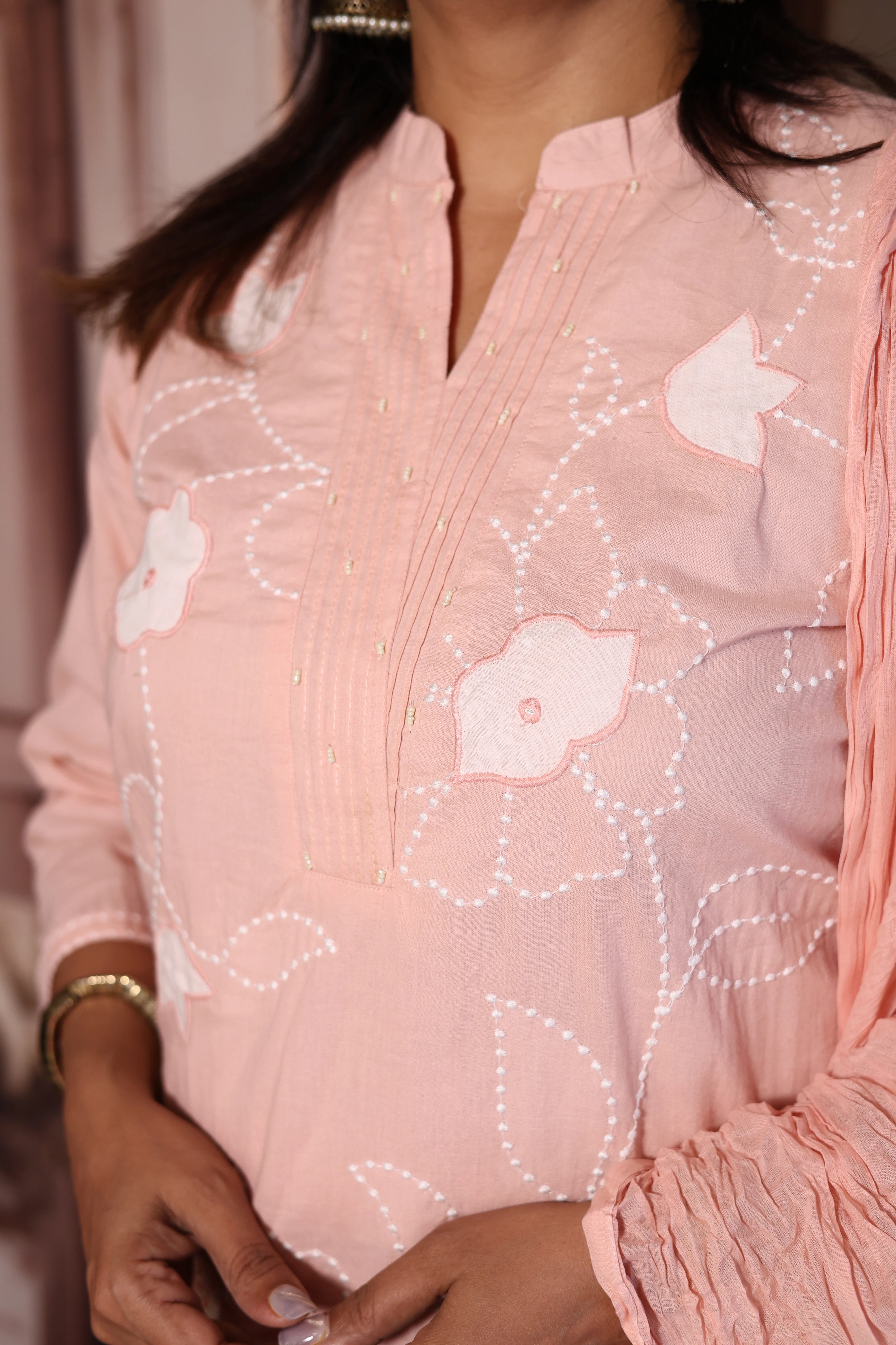Light Pink Appliqué Embroidered Kurti Pant with Dupatta Set | Pure Mul Mul Ethnic Wear