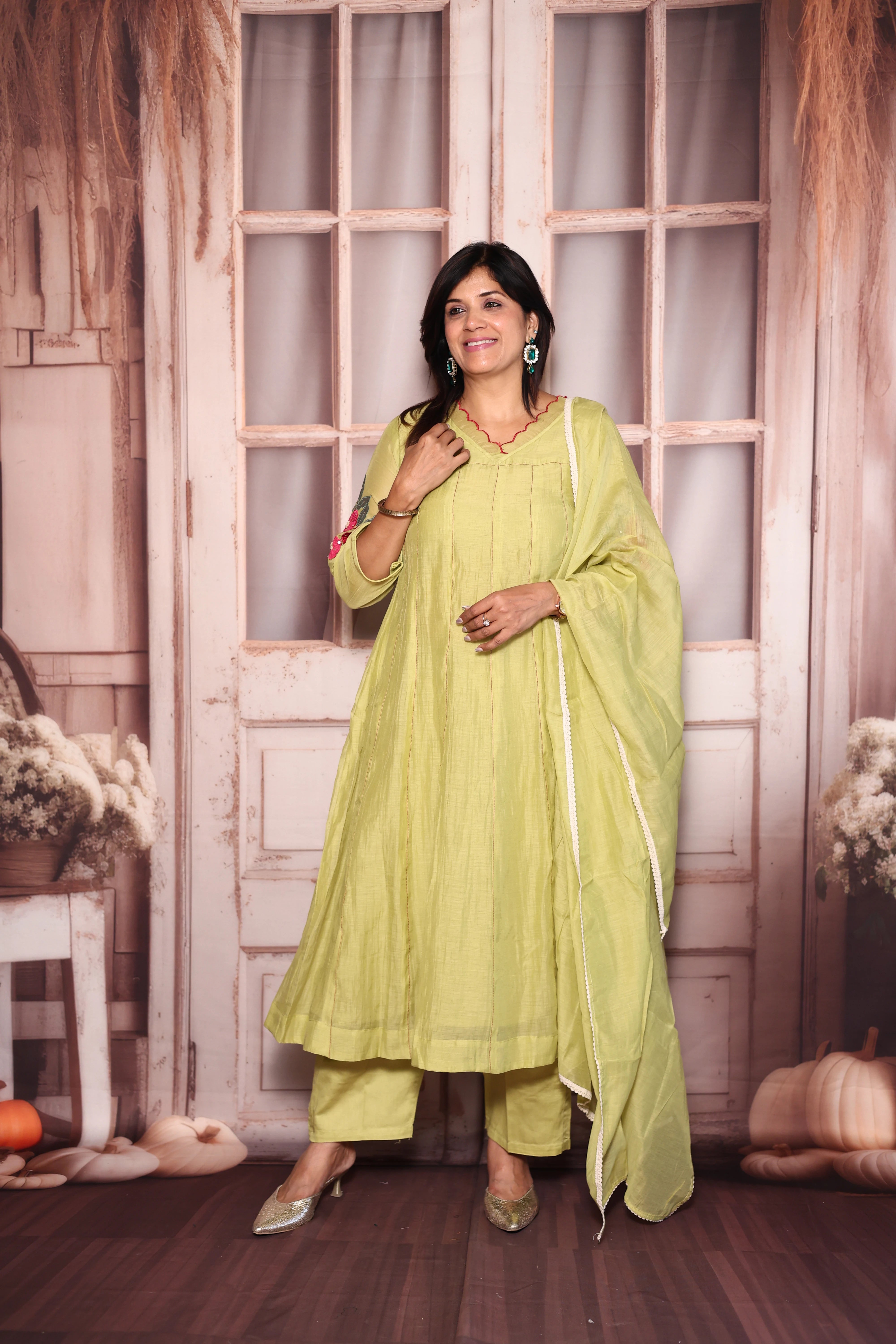 Pear Green Appliqué & Cut Work A-Line Kurti Pant with Dupatta Set | Mul Chanderi Ethnic Wear