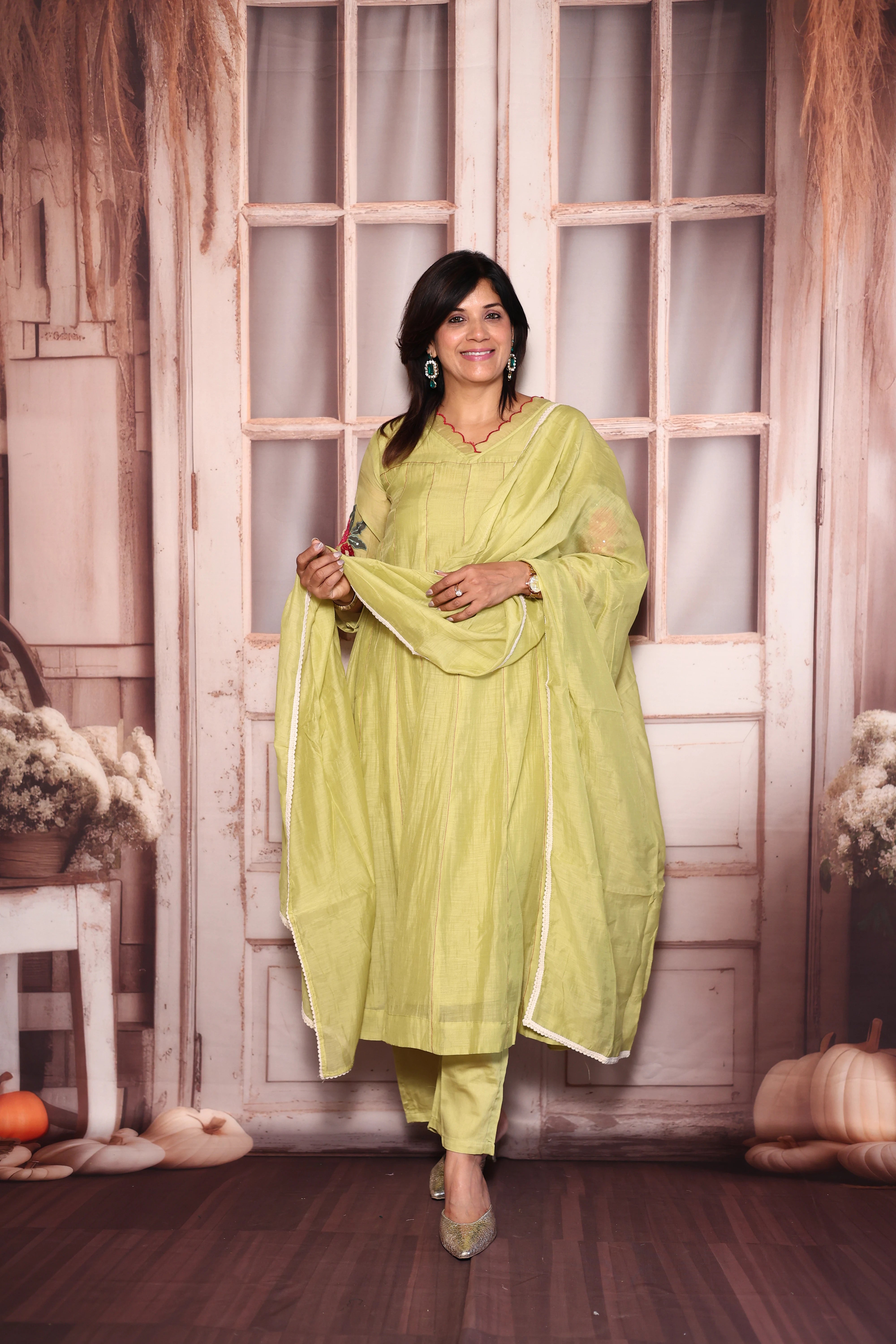 Pear Green Appliqué & Cut Work A-Line Kurti Pant with Dupatta Set | Mul Chanderi Ethnic Wear