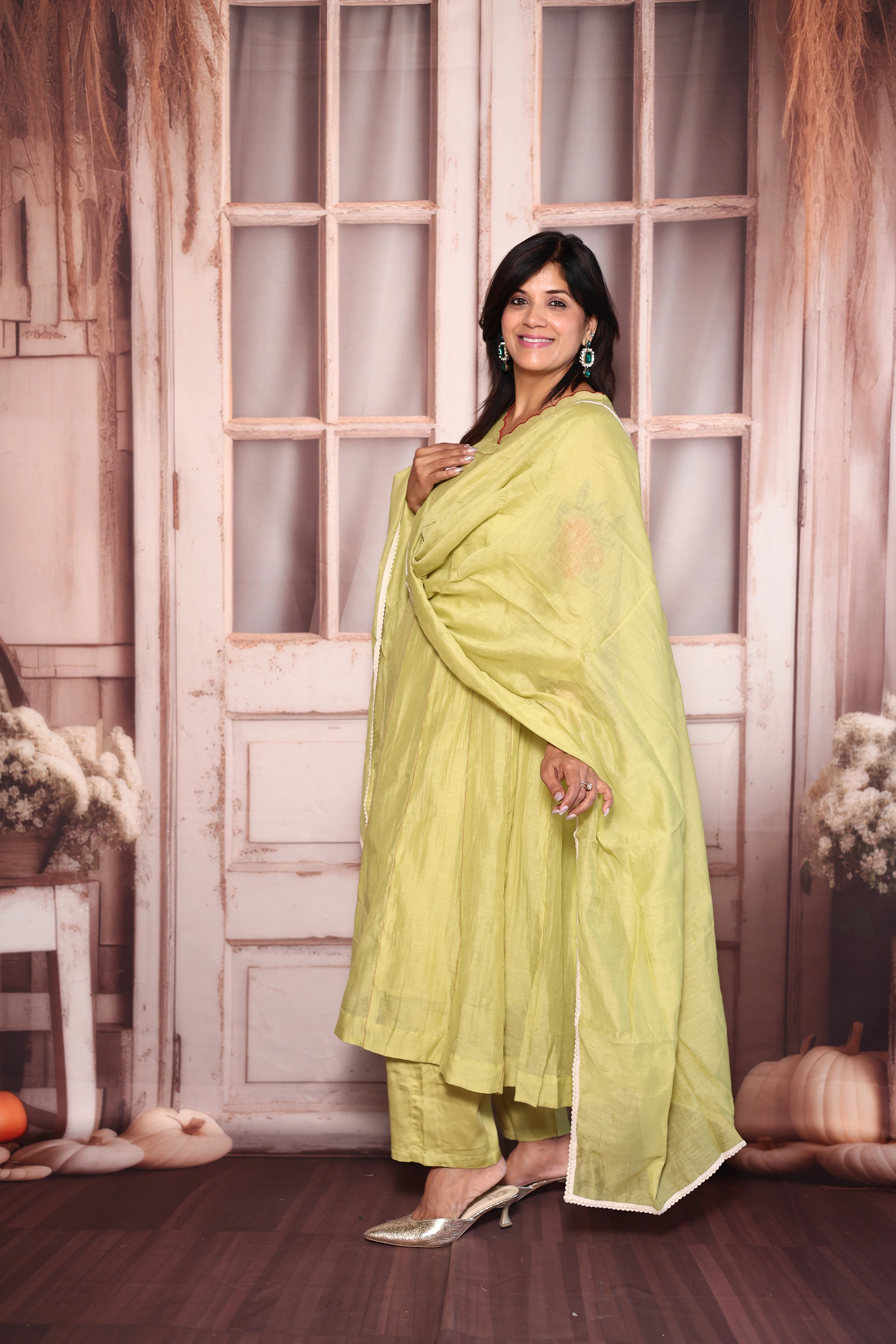 Pear Green Appliqué & Cut Work A-Line Kurti Pant with Dupatta Set | Mul Chanderi Ethnic Wear