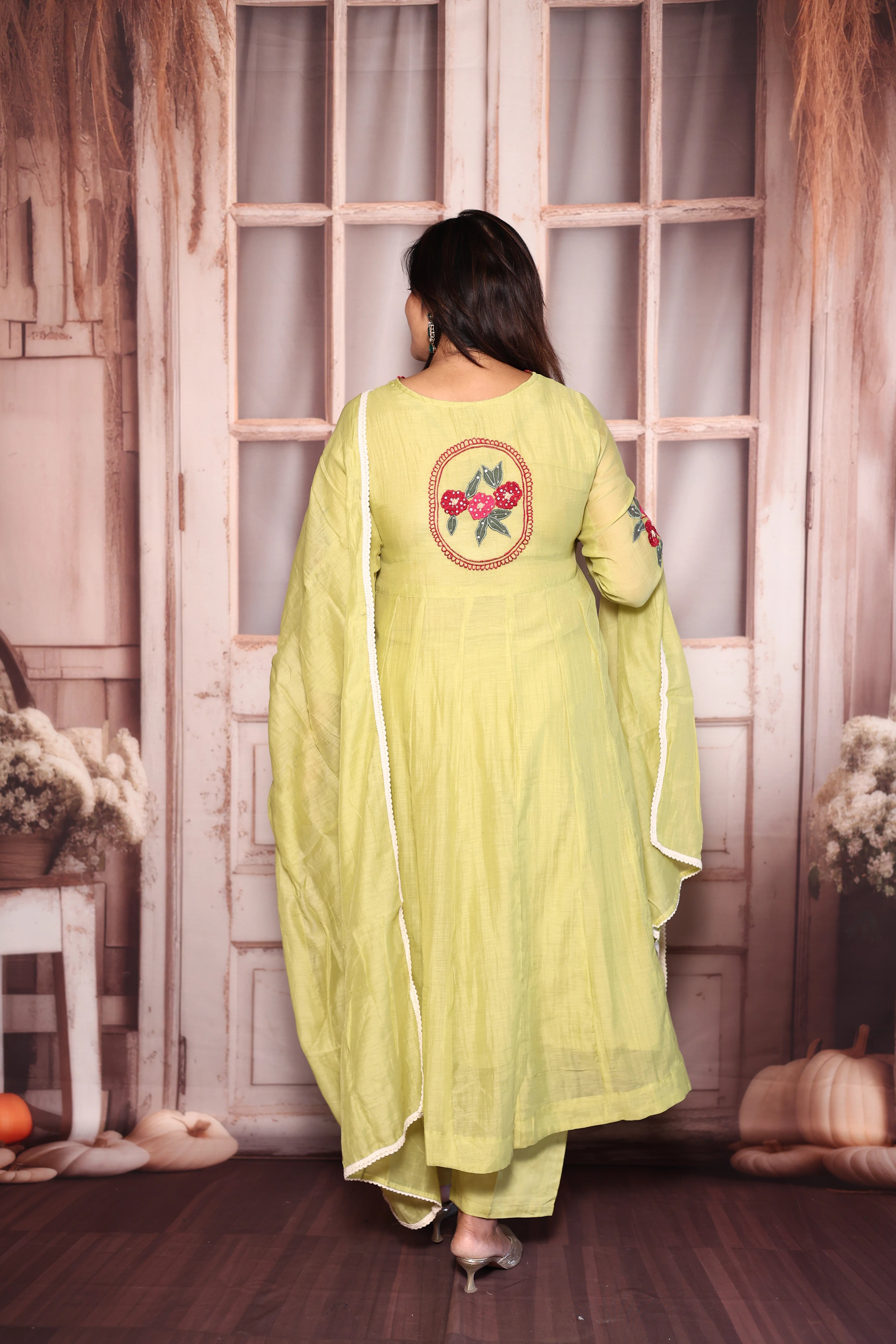 Pear Green Appliqué & Cut Work A-Line Kurti Pant with Dupatta Set | Mul Chanderi Ethnic Wear