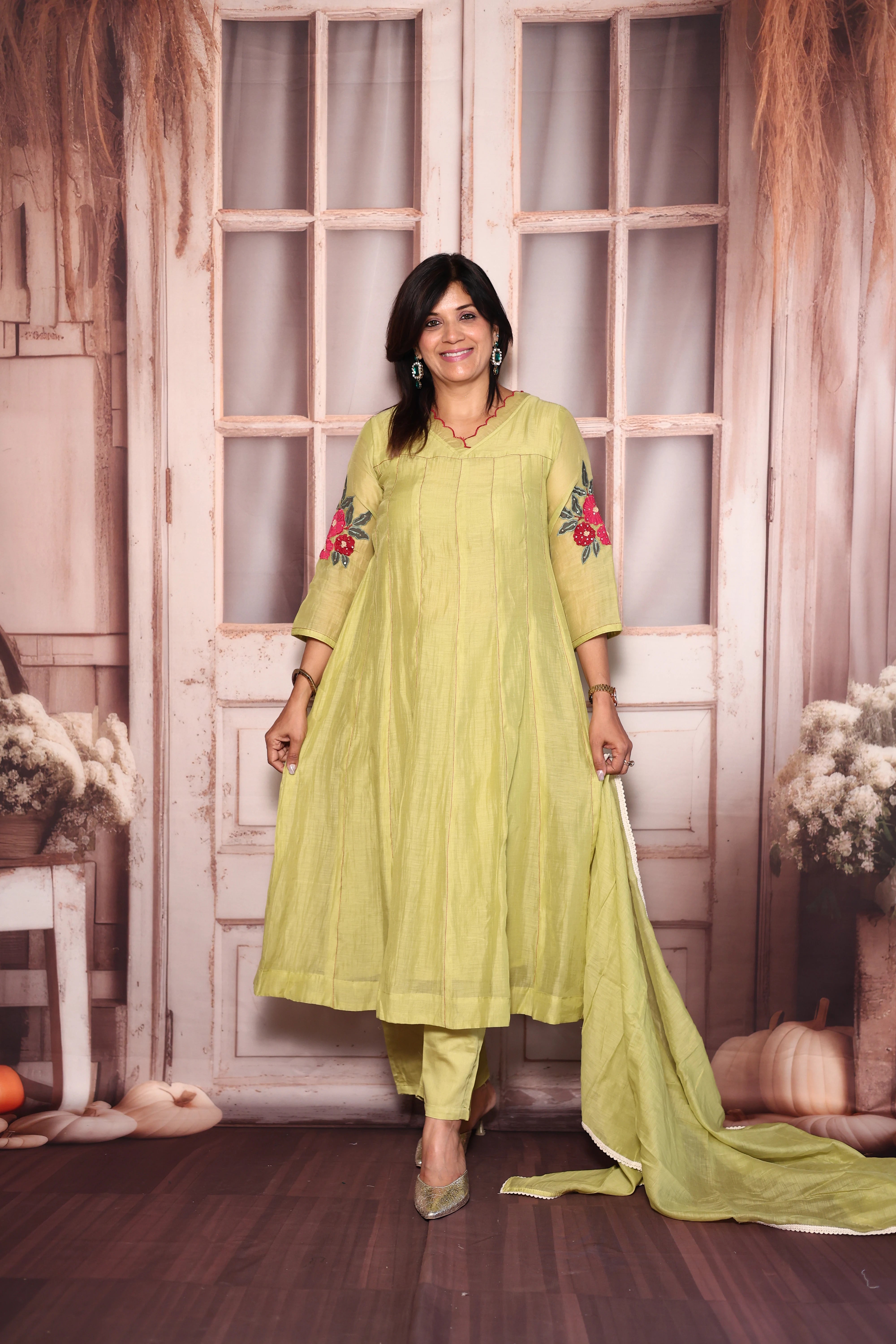 Pear Green Appliqué & Cut Work A-Line Kurti Pant with Dupatta Set | Mul Chanderi Ethnic Wear