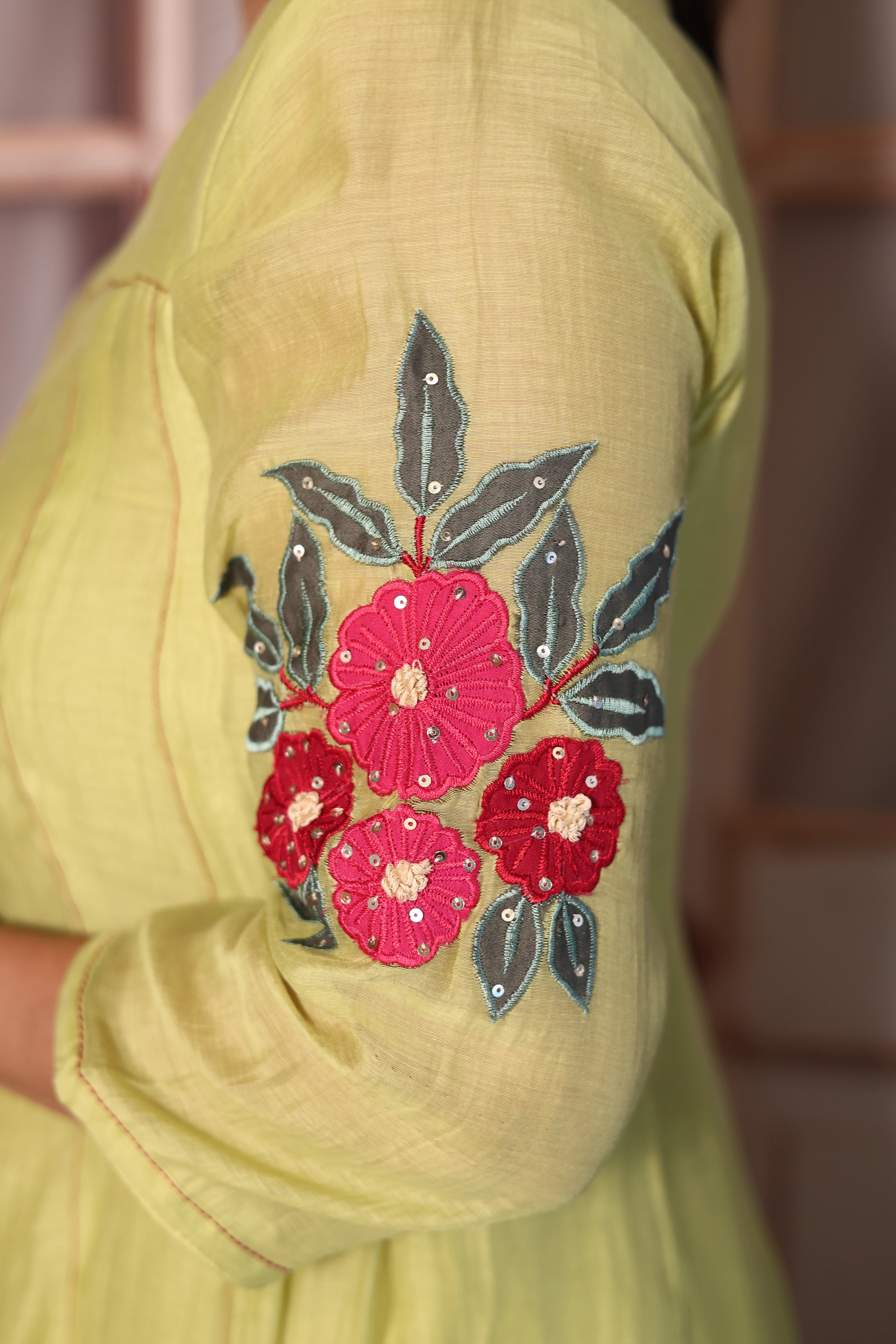 Pear Green Appliqué & Cut Work A-Line Kurti Pant with Dupatta Set | Mul Chanderi Ethnic Wear