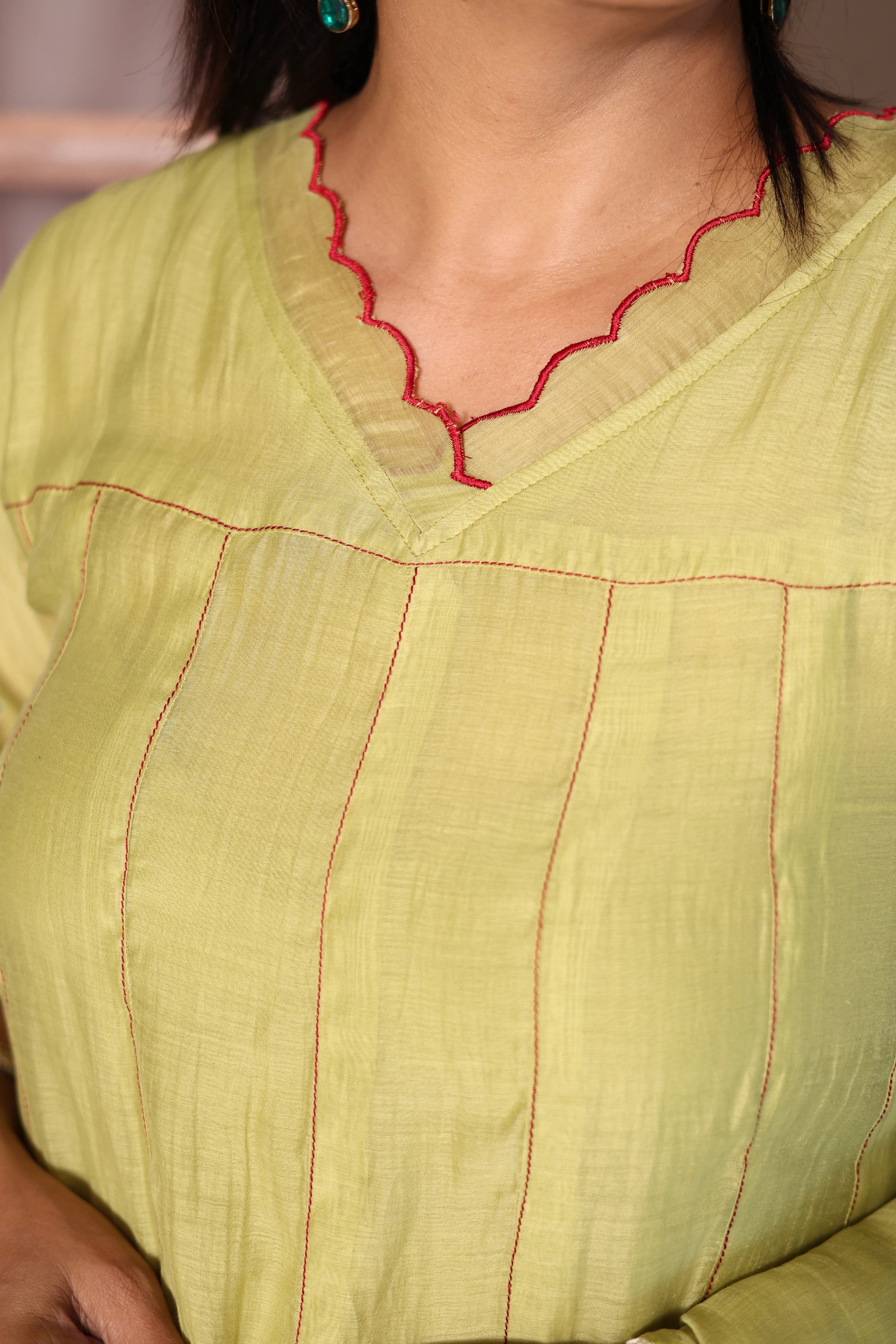 Pear Green Appliqué & Cut Work A-Line Kurti Pant with Dupatta Set | Mul Chanderi Ethnic Wear