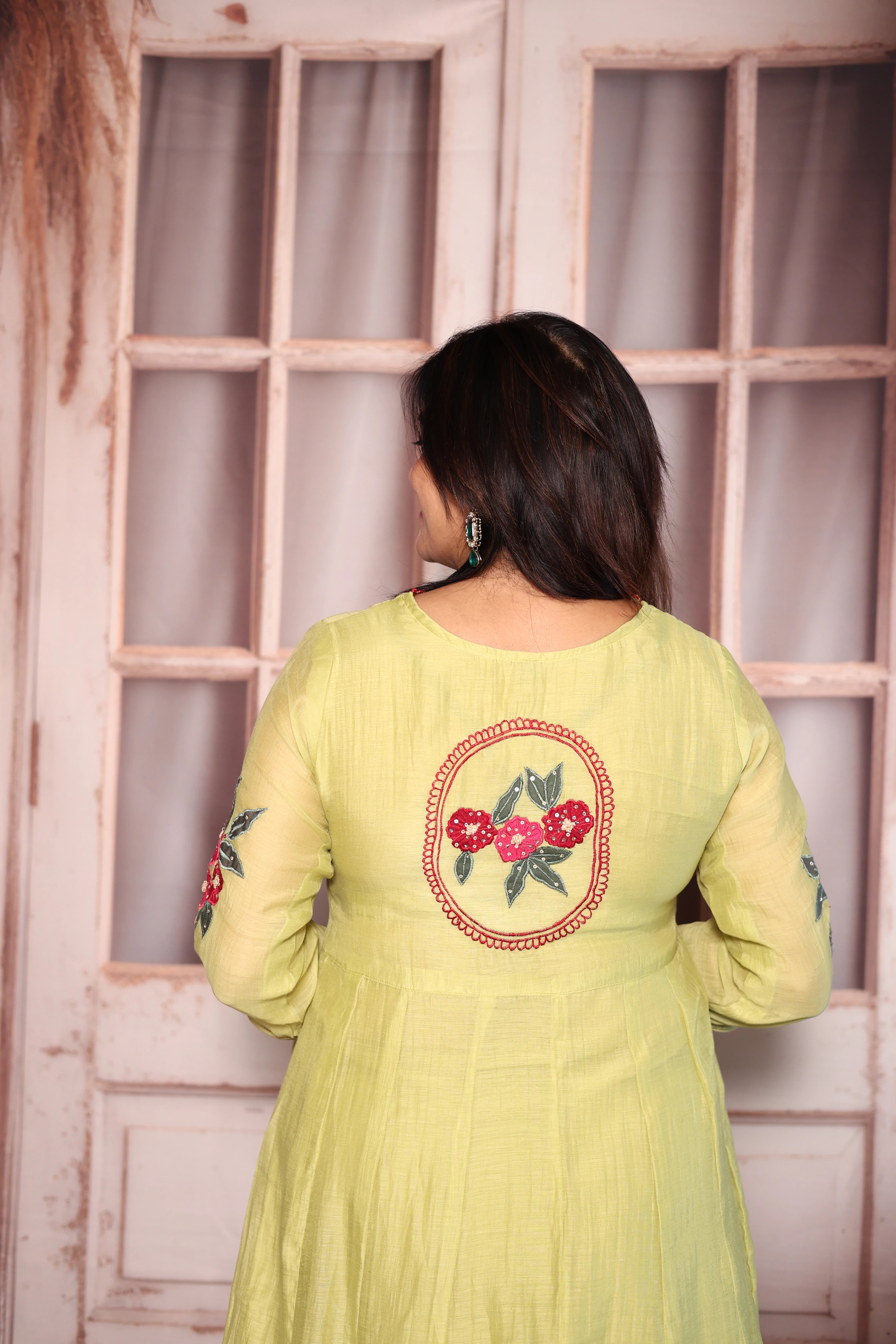 Pear Green Appliqué & Cut Work A-Line Kurti Pant with Dupatta Set | Mul Chanderi Ethnic Wear