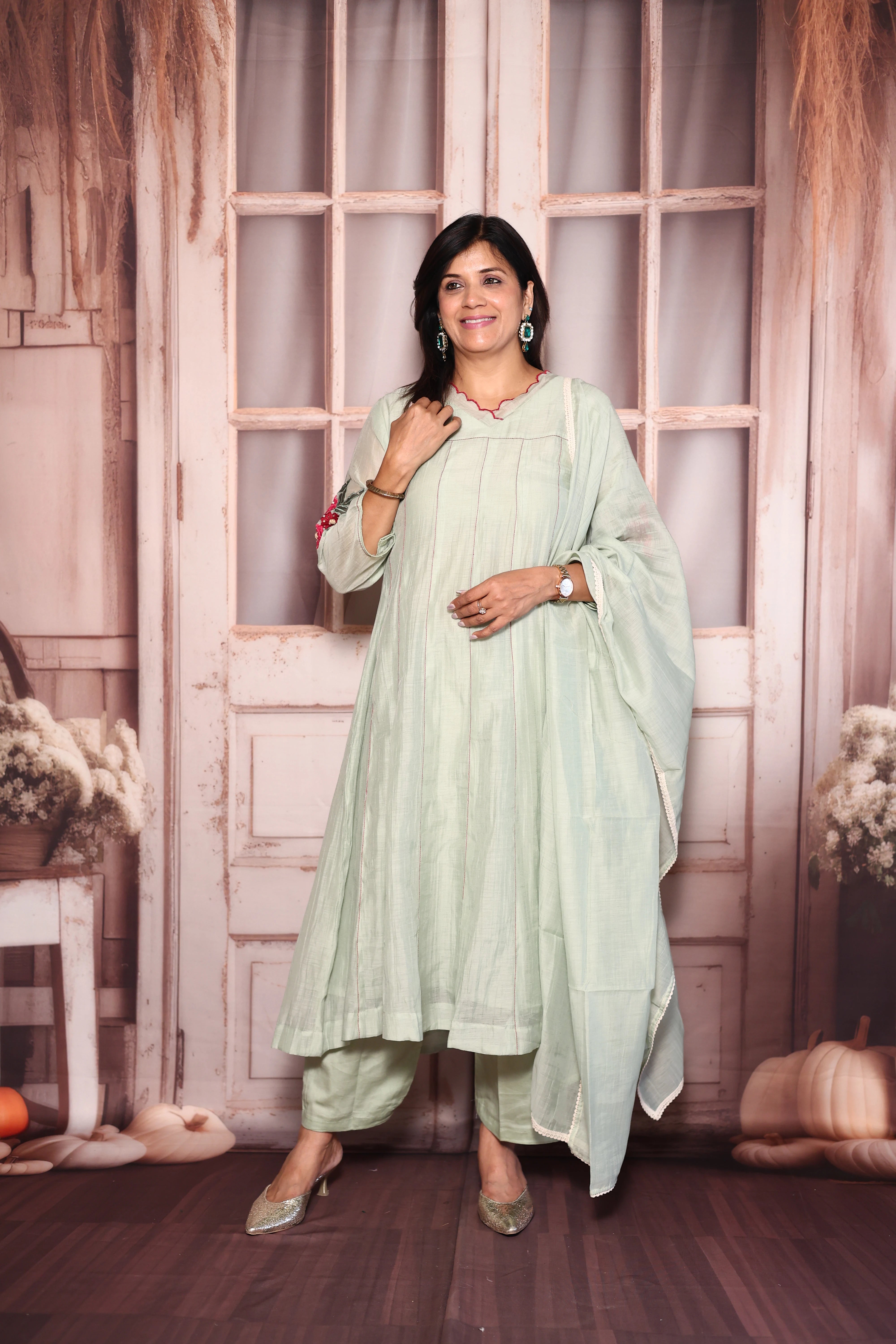Light Pista Appliqué & Cut Work A-Line Kurti Pant with Dupatta Set | Mul Chanderi Ethnic Wear