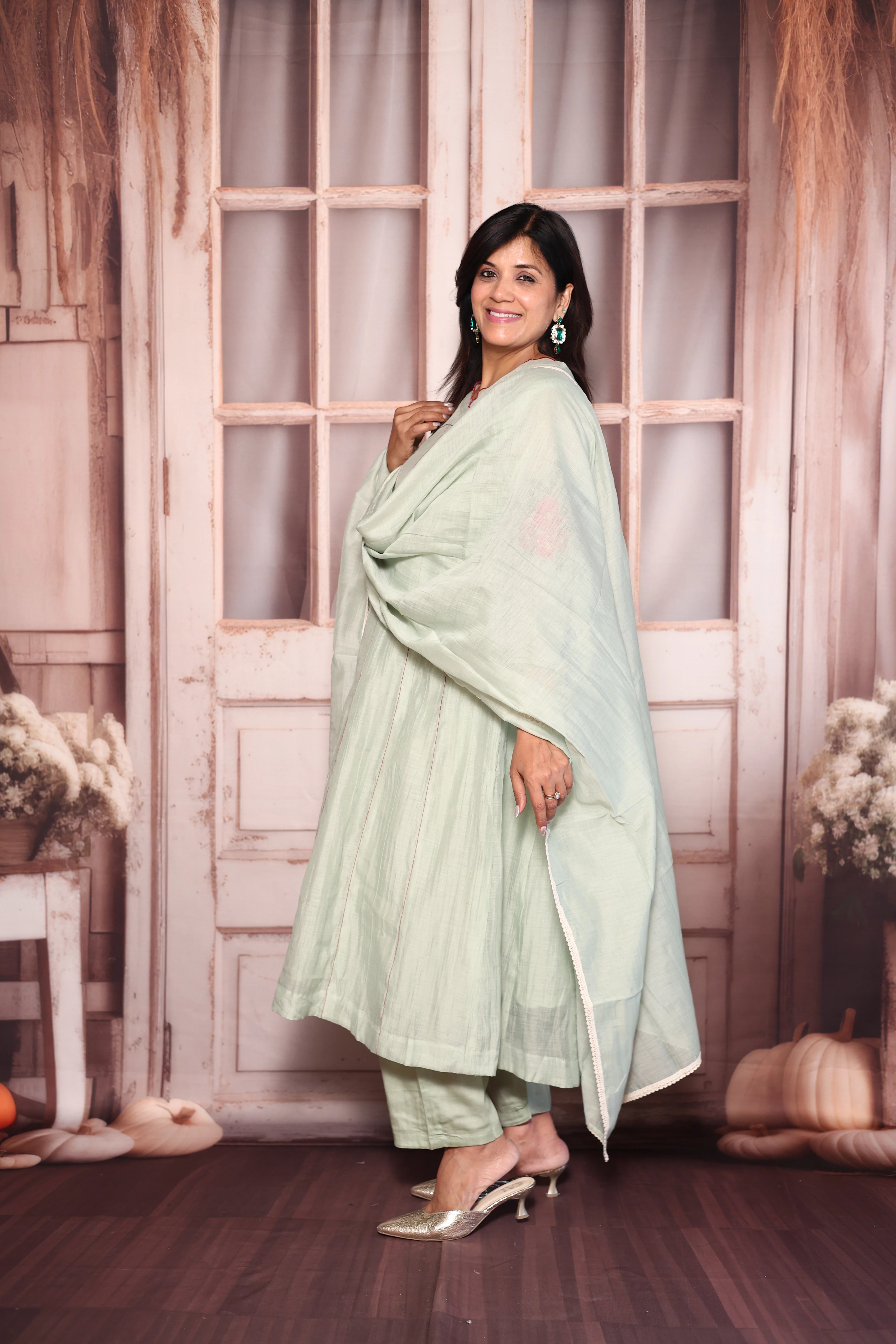 Light Pista Appliqué & Cut Work A-Line Kurti Pant with Dupatta Set | Mul Chanderi Ethnic Wear