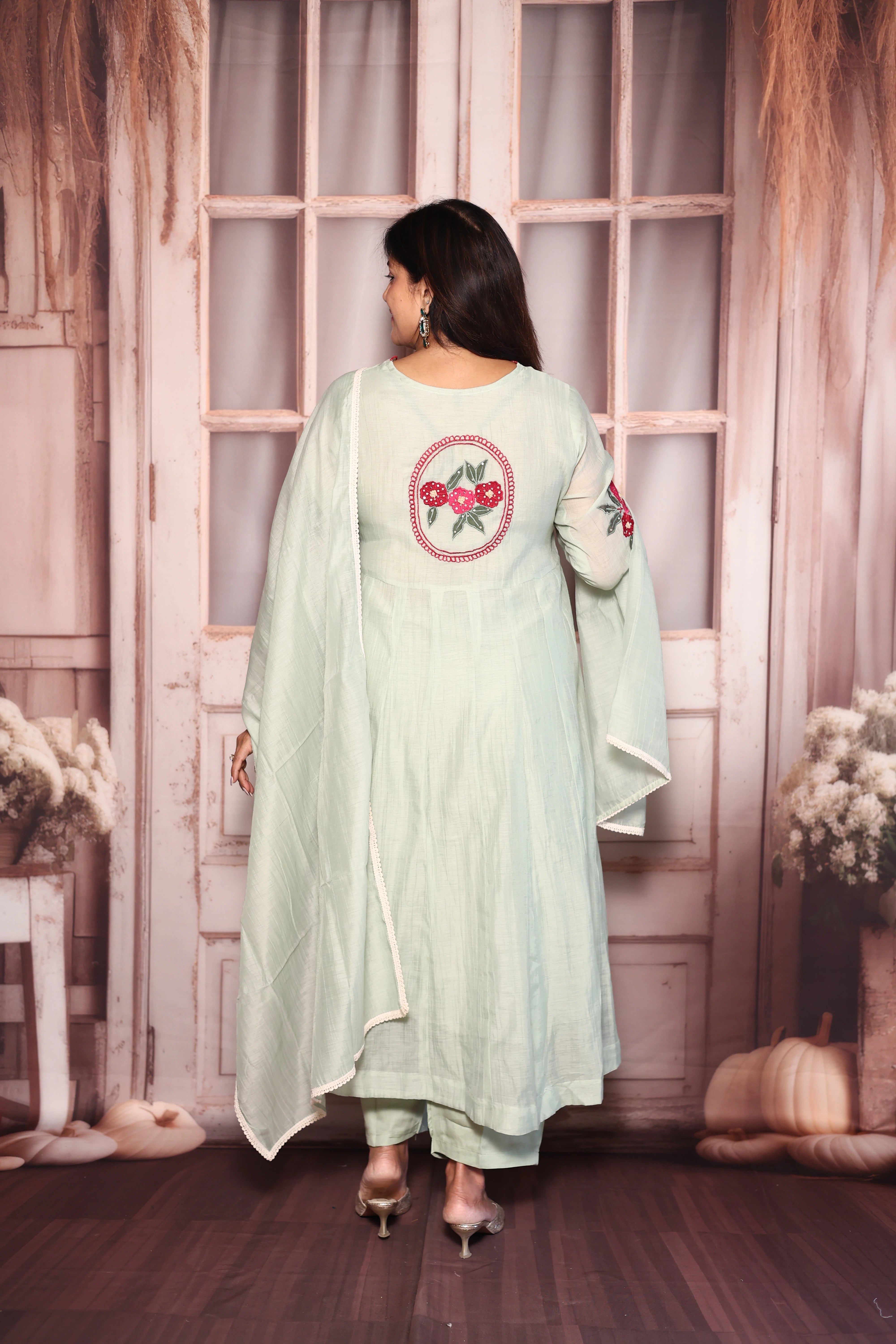 Light Pista Appliqué & Cut Work A-Line Kurti Pant with Dupatta Set | Mul Chanderi Ethnic Wear