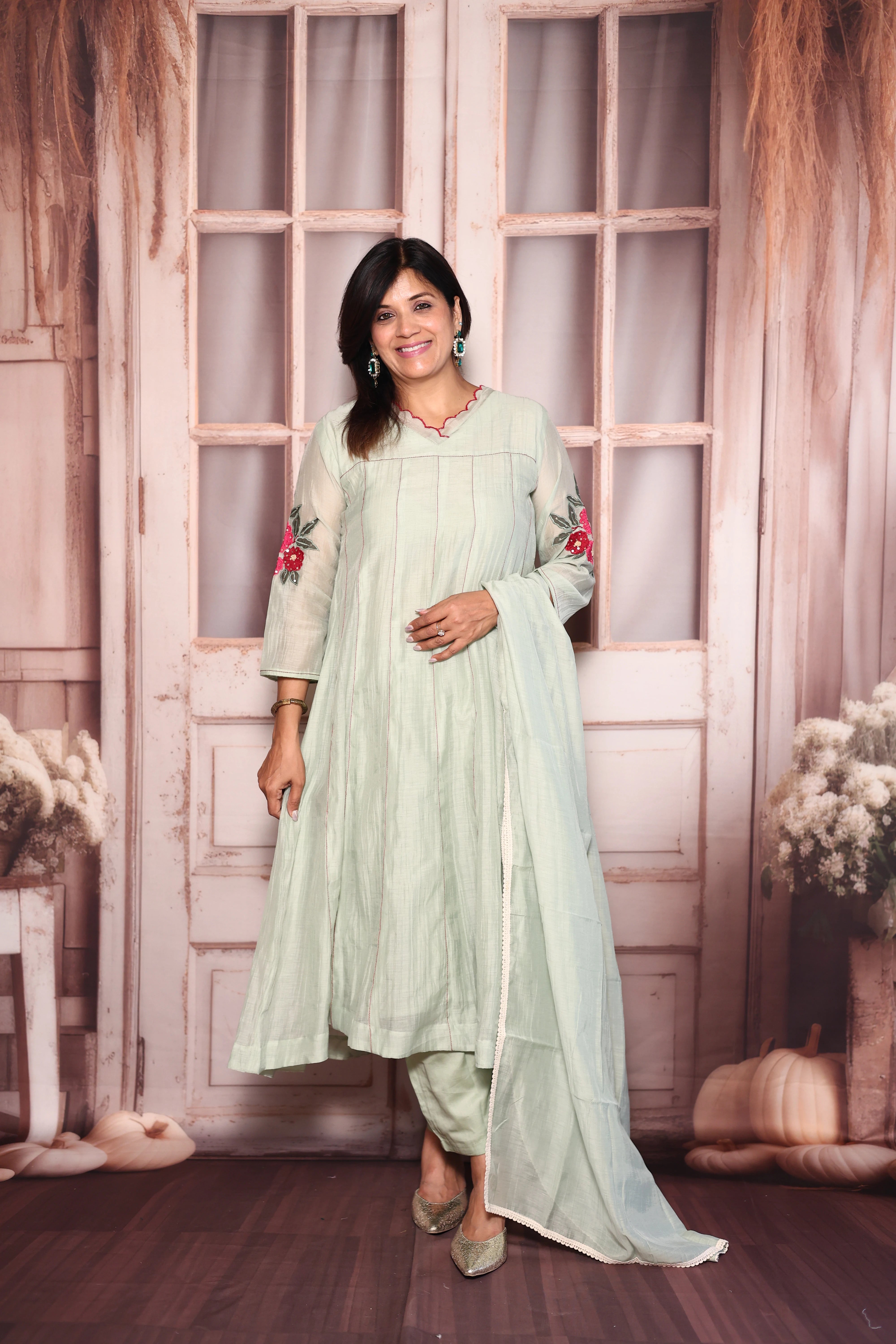 Light Pista Appliqué & Cut Work A-Line Kurti Pant with Dupatta Set | Mul Chanderi Ethnic Wear