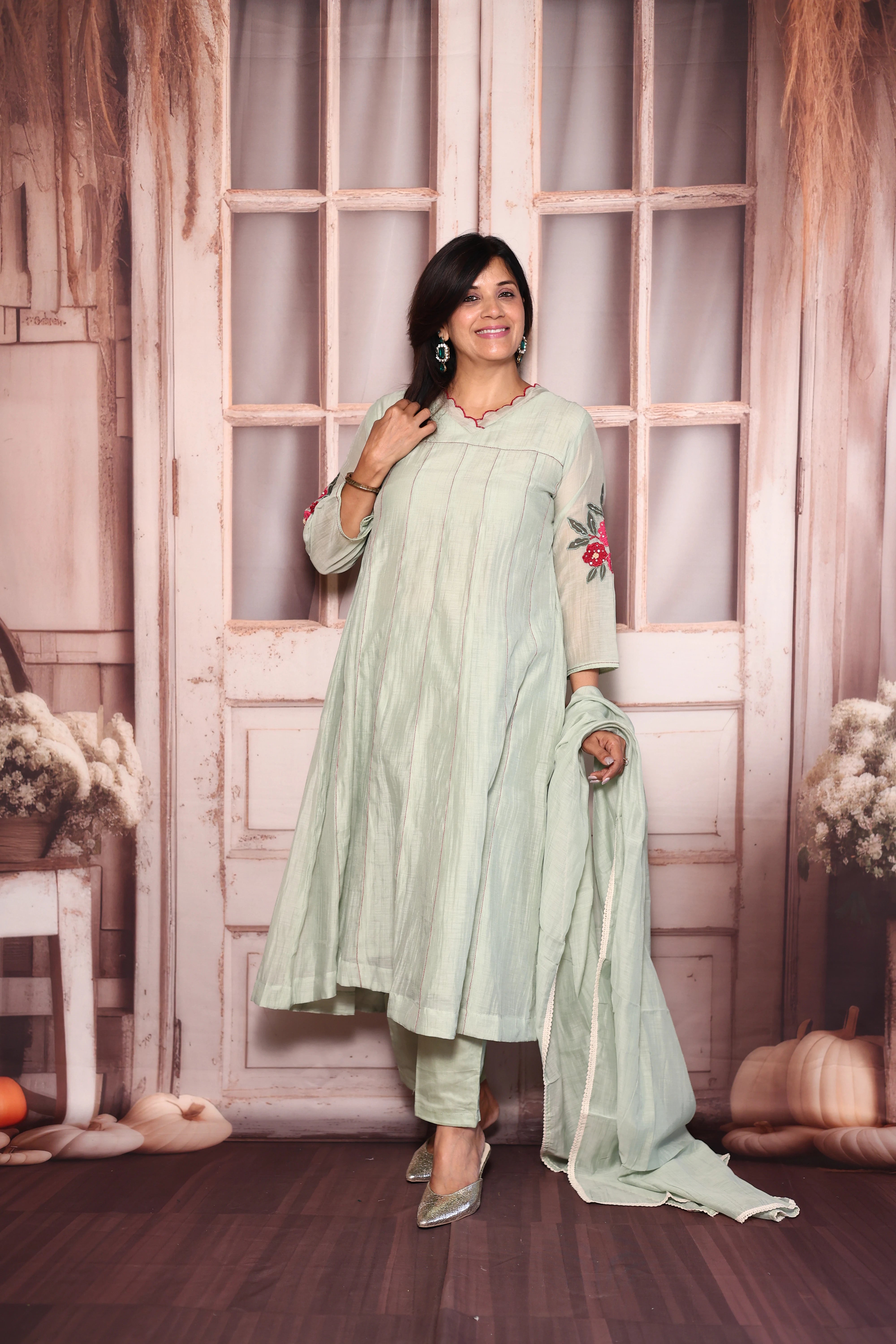 Light Pista Appliqué & Cut Work A-Line Kurti Pant with Dupatta Set | Mul Chanderi Ethnic Wear