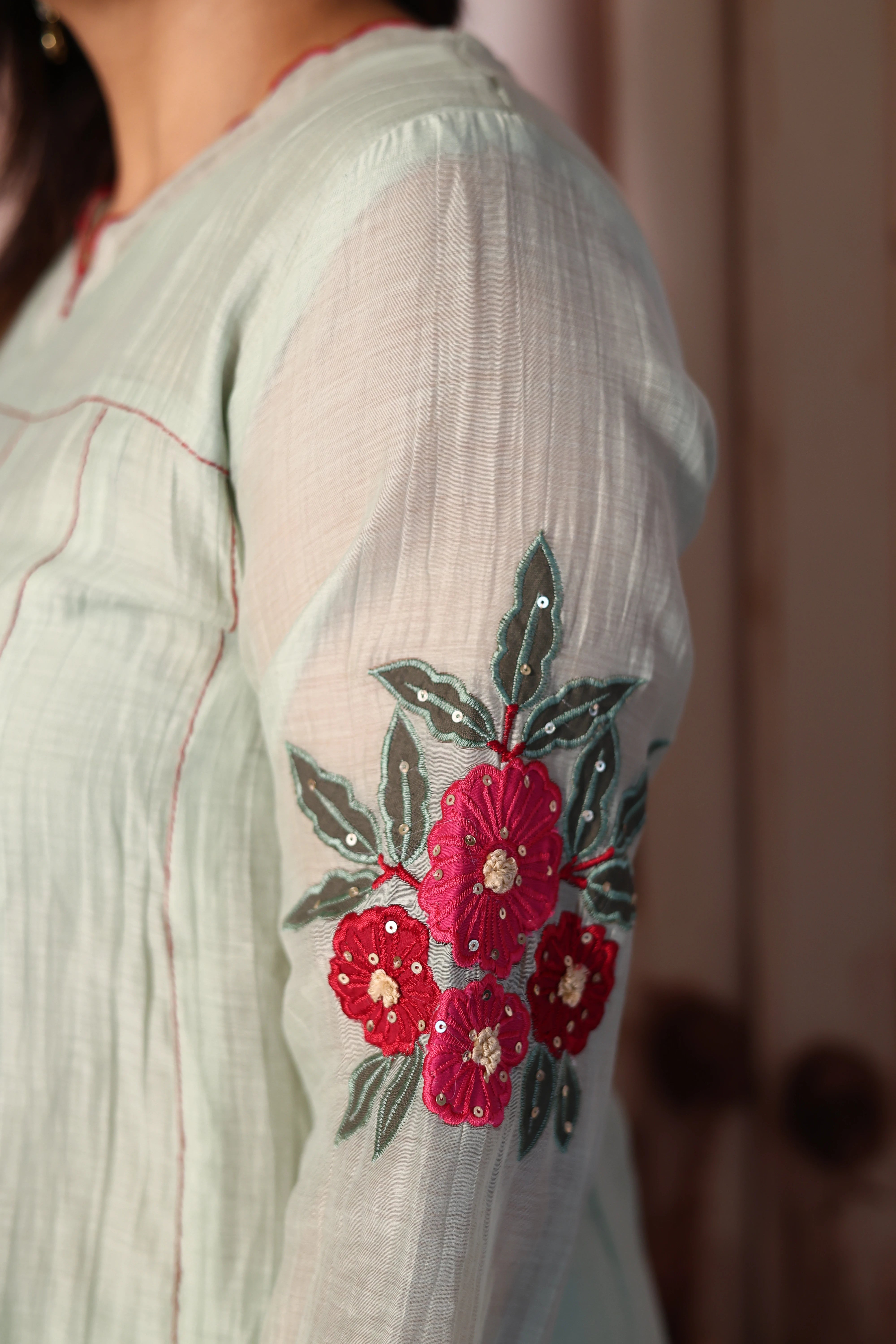 Light Pista Appliqué & Cut Work A-Line Kurti Pant with Dupatta Set | Mul Chanderi Ethnic Wear