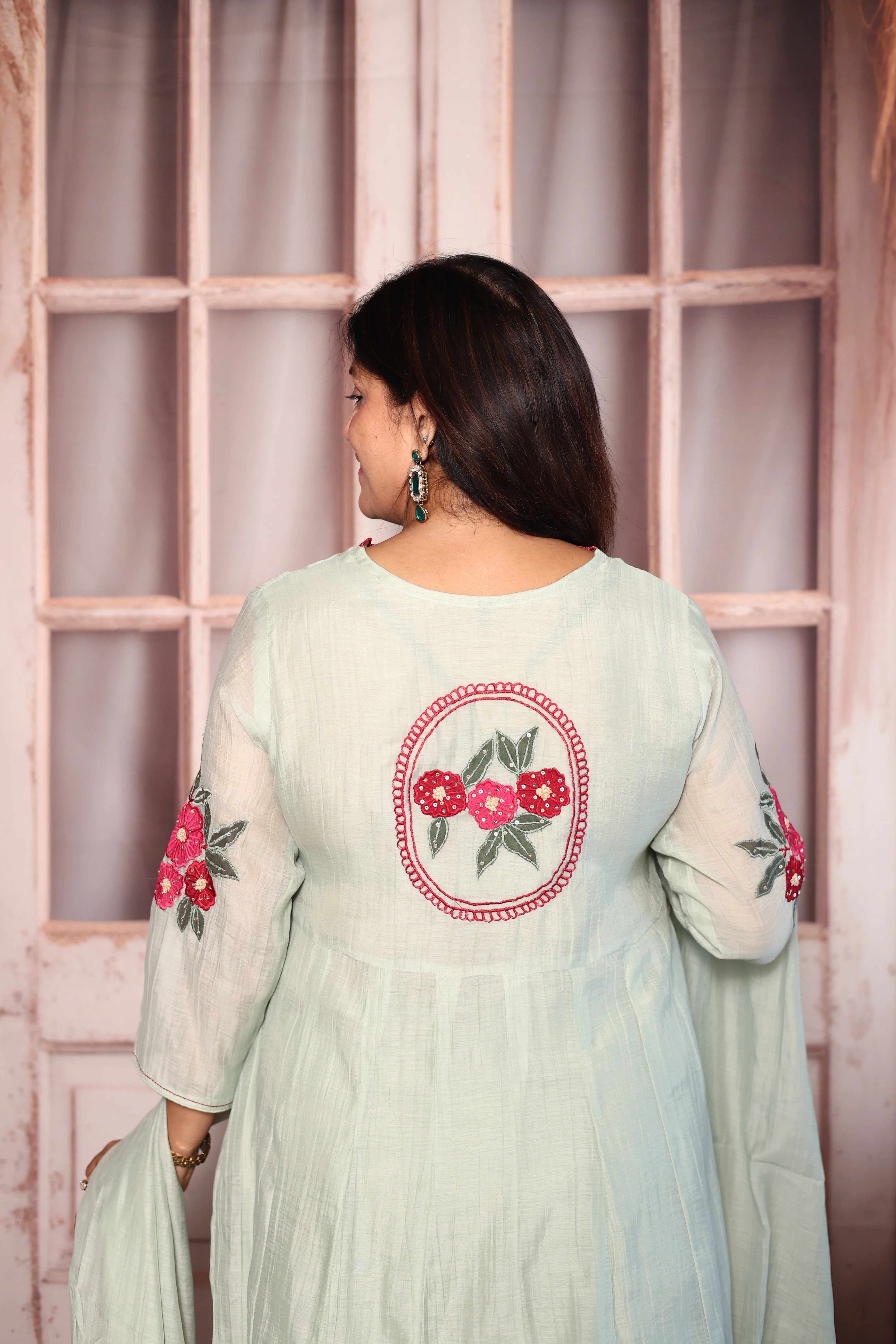 Light Pista Appliqué & Cut Work A-Line Kurti Pant with Dupatta Set | Mul Chanderi Ethnic Wear