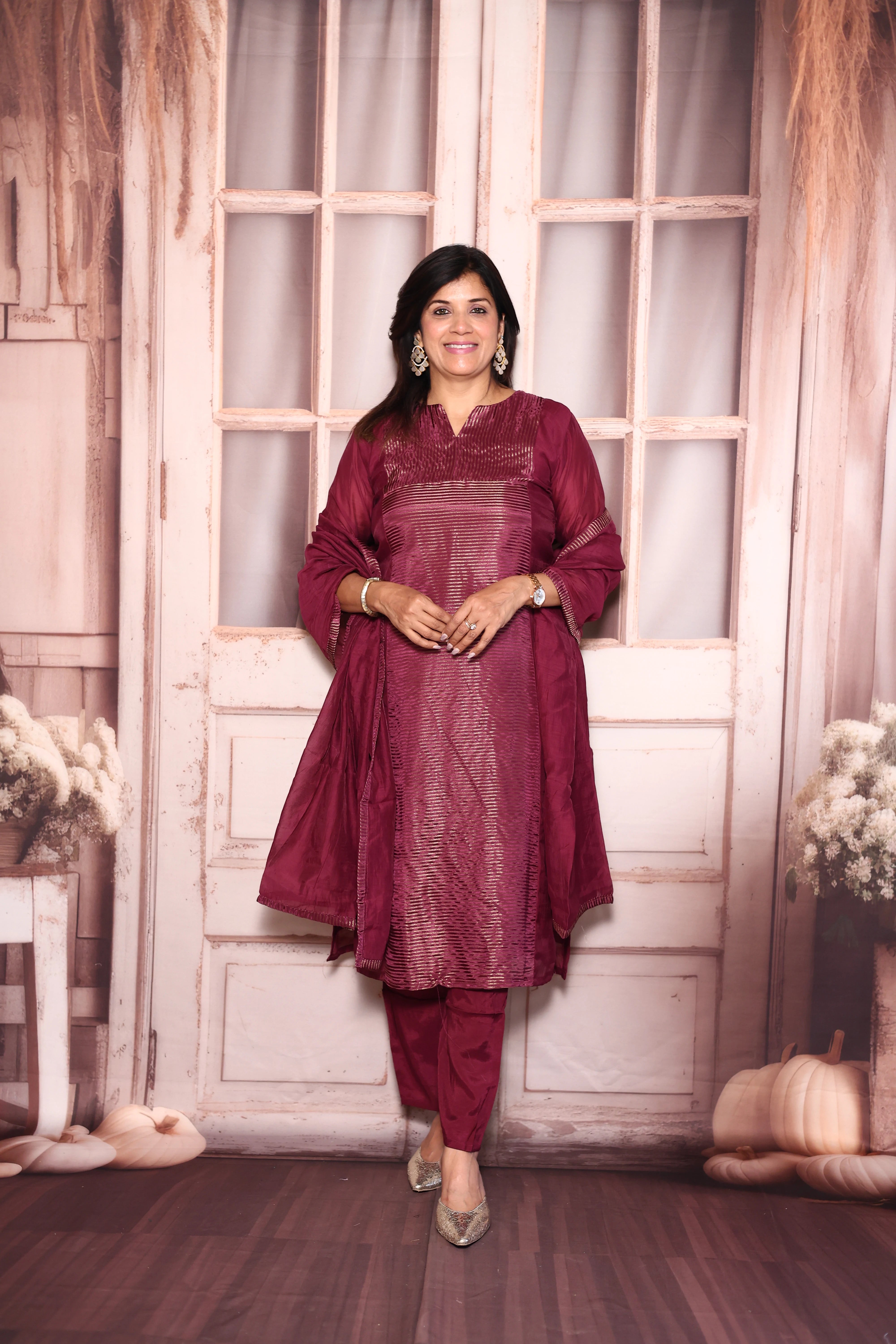 Dark Purple Kurti Pant with Dupatta Set | Pure Mul Chanderi Premium Ethnic Wear