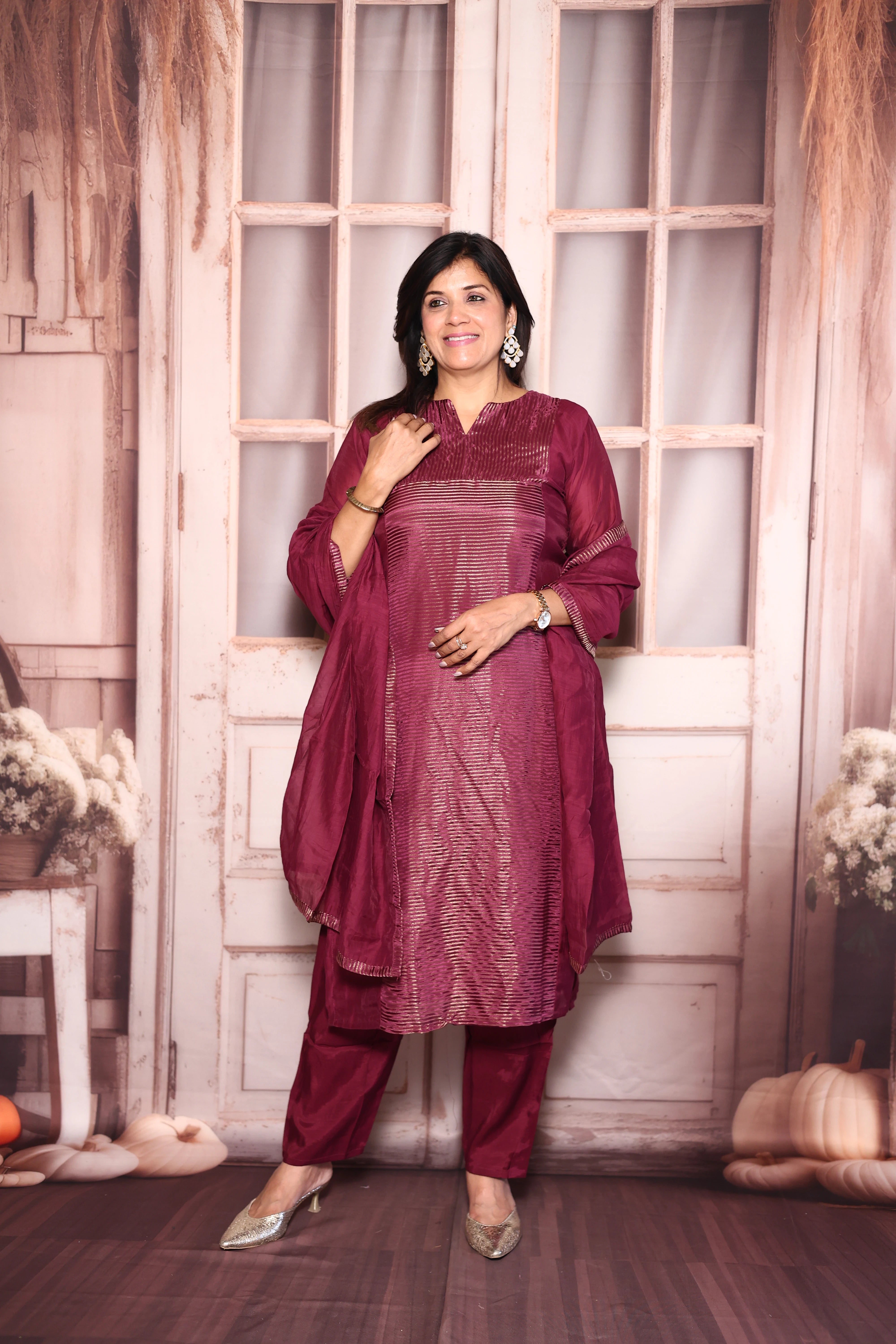 Dark Purple Kurti Pant with Dupatta Set | Pure Mul Chanderi Premium Ethnic Wear