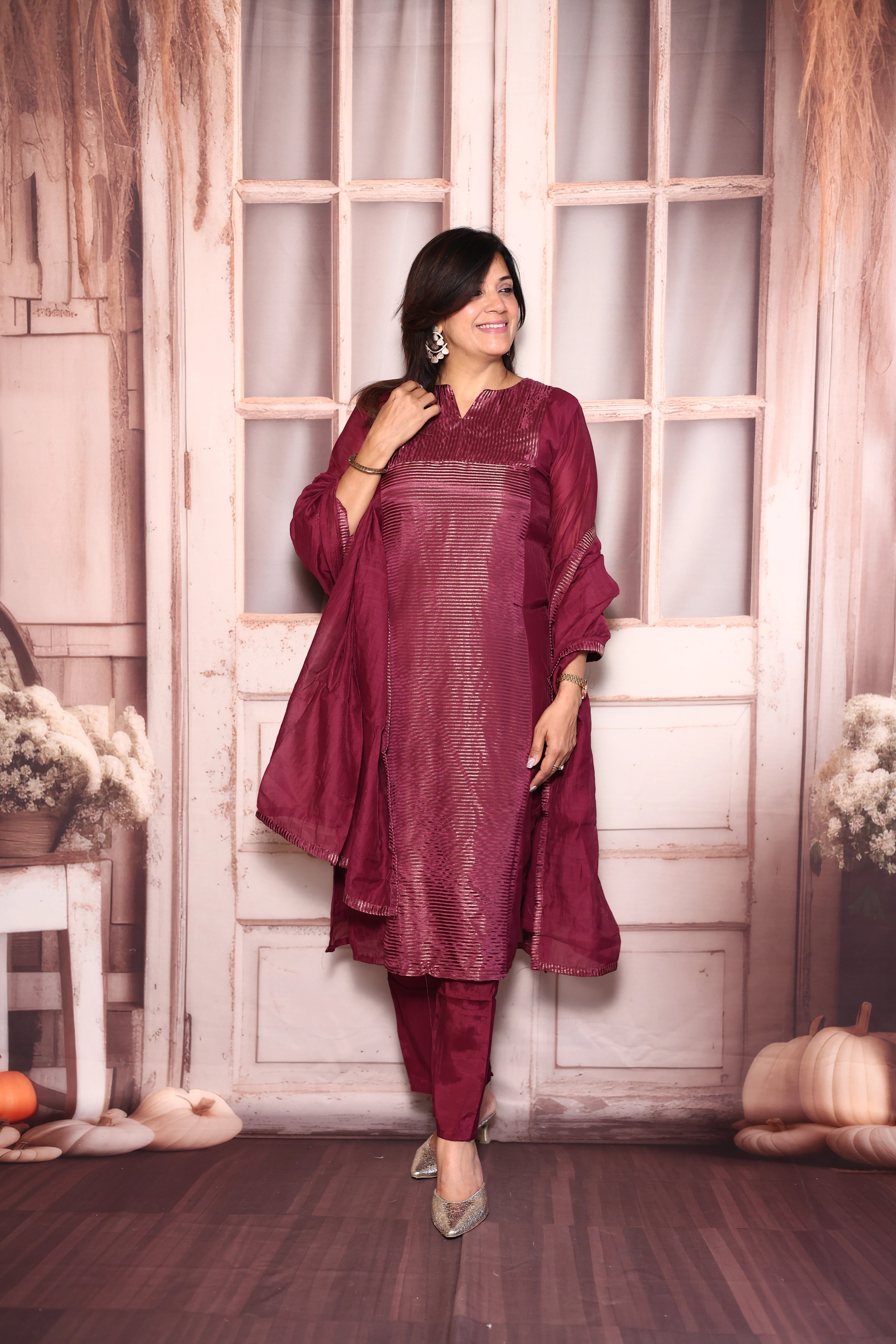 Dark Purple Kurti Pant with Dupatta Set | Pure Mul Chanderi Premium Ethnic Wear
