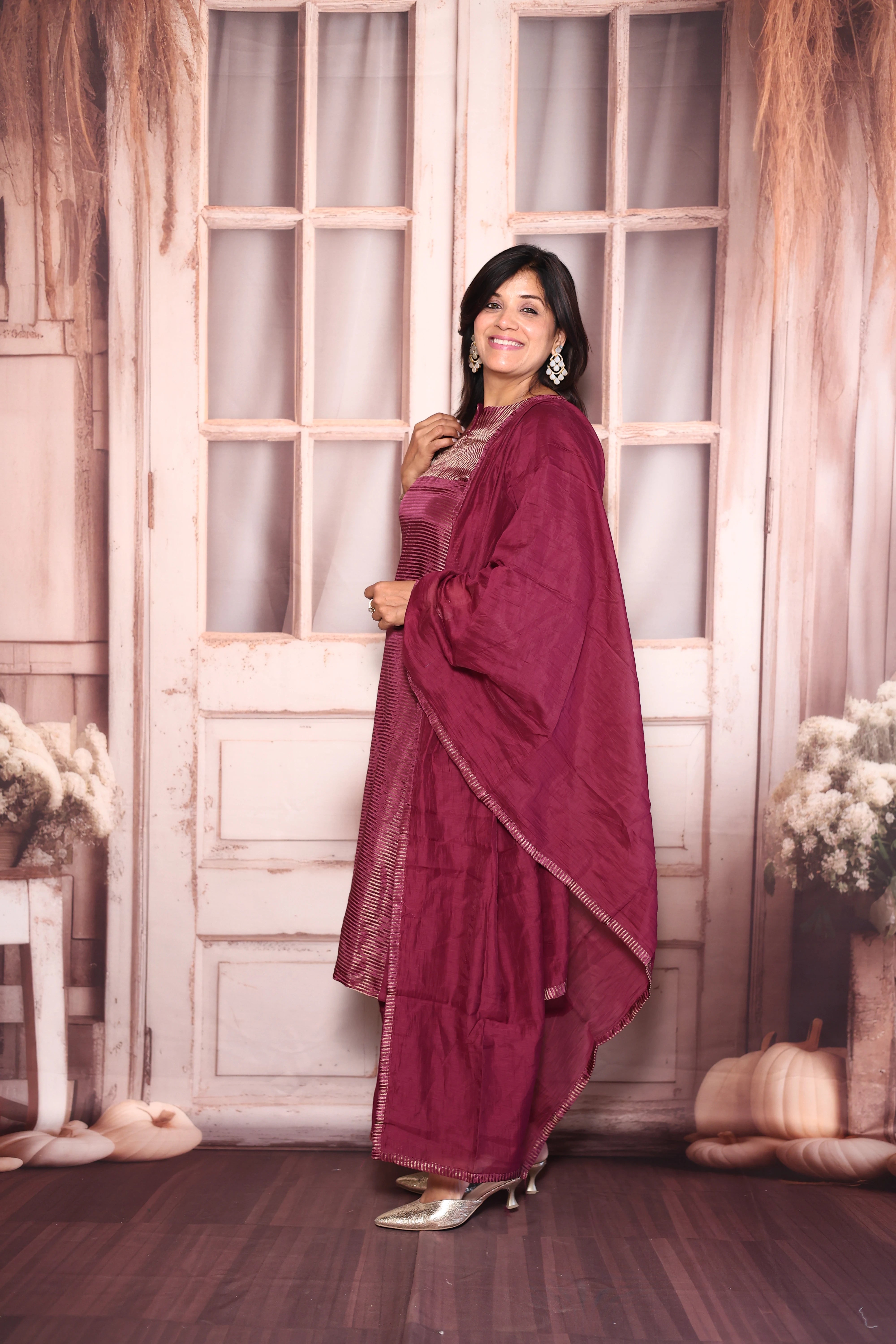 Dark Purple Kurti Pant with Dupatta Set | Pure Mul Chanderi Premium Ethnic Wear