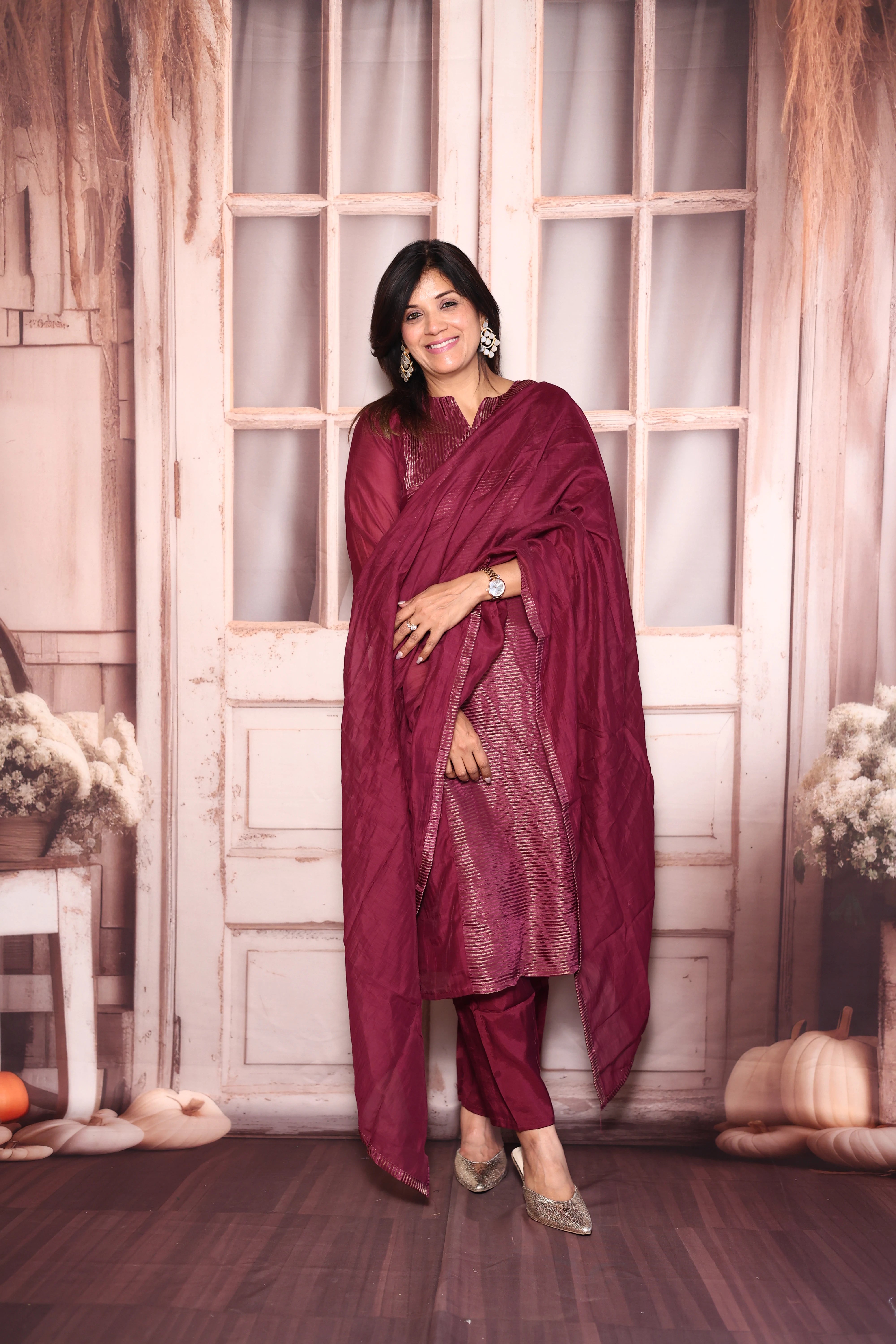 Dark Purple Kurti Pant with Dupatta Set | Pure Mul Chanderi Premium Ethnic Wear