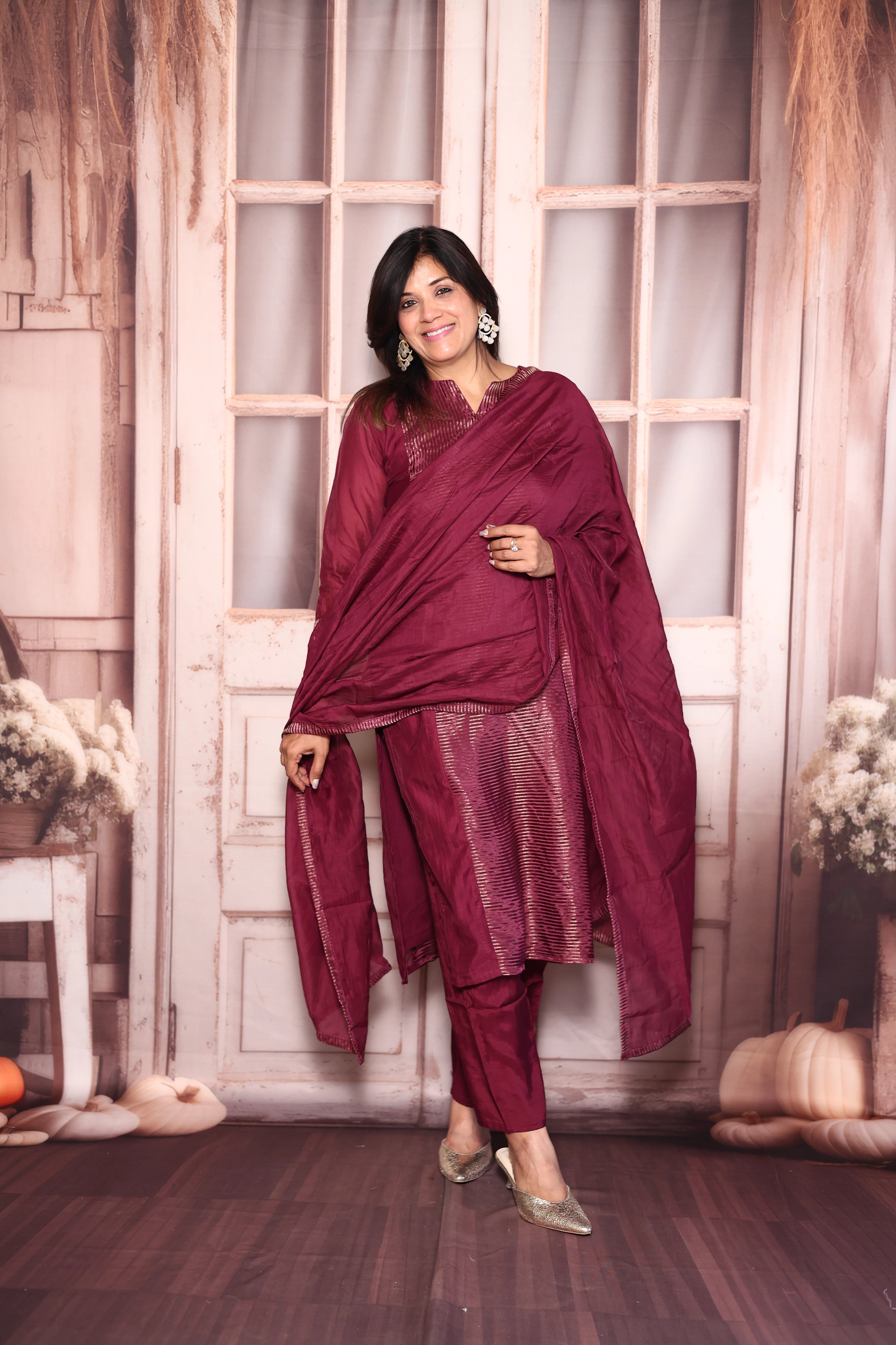 Dark Purple Kurti Pant with Dupatta Set | Pure Mul Chanderi Premium Ethnic Wear