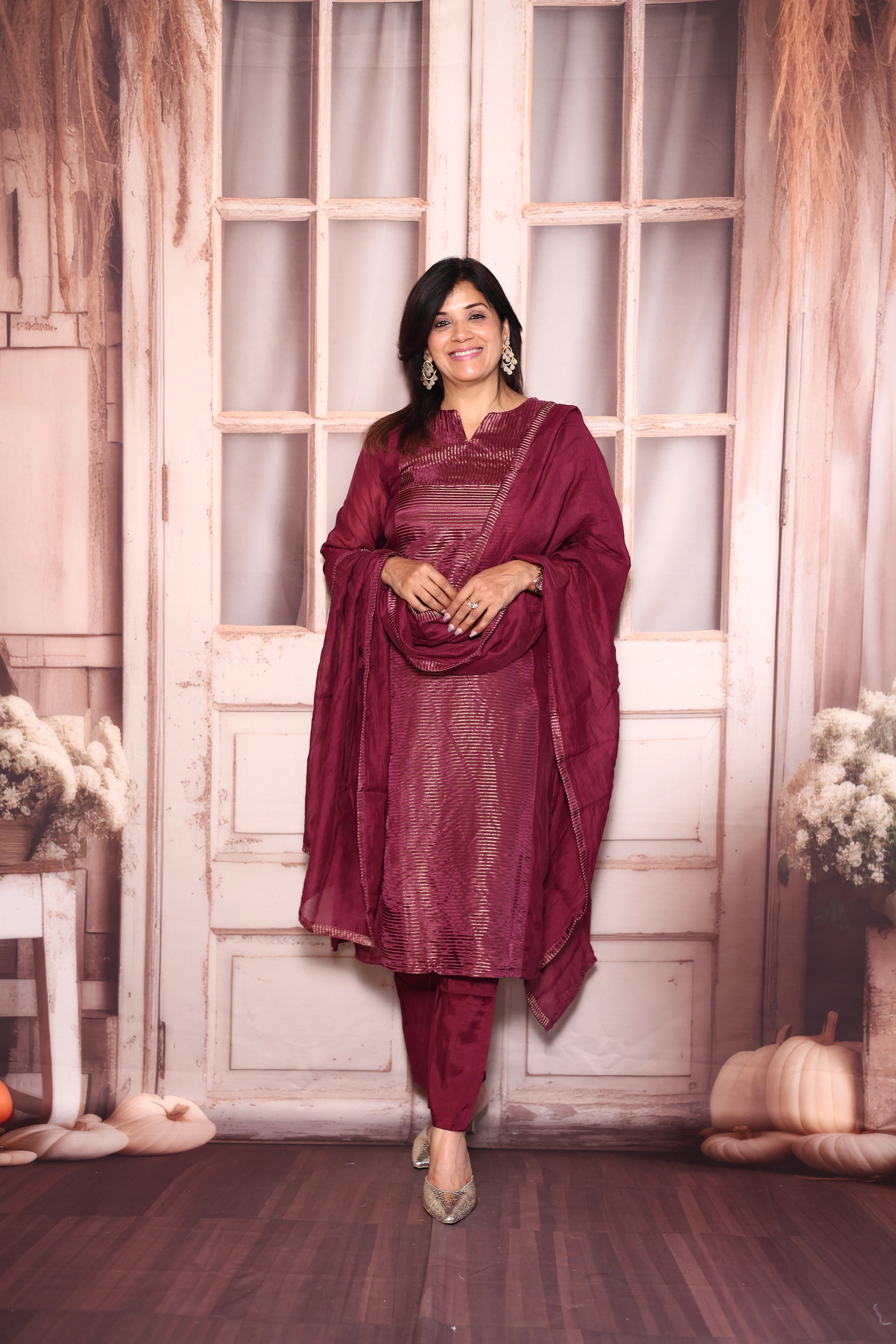 Dark Purple Kurti Pant with Dupatta Set | Pure Mul Chanderi Premium Ethnic Wear