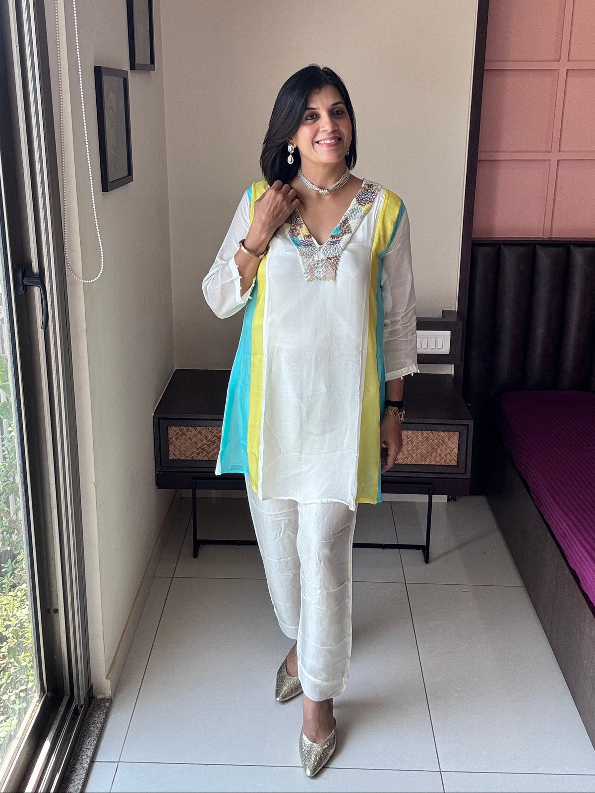 Off White – Color Blocked Side - Delicate Yoke Embroidery Set | Organza and Santoon