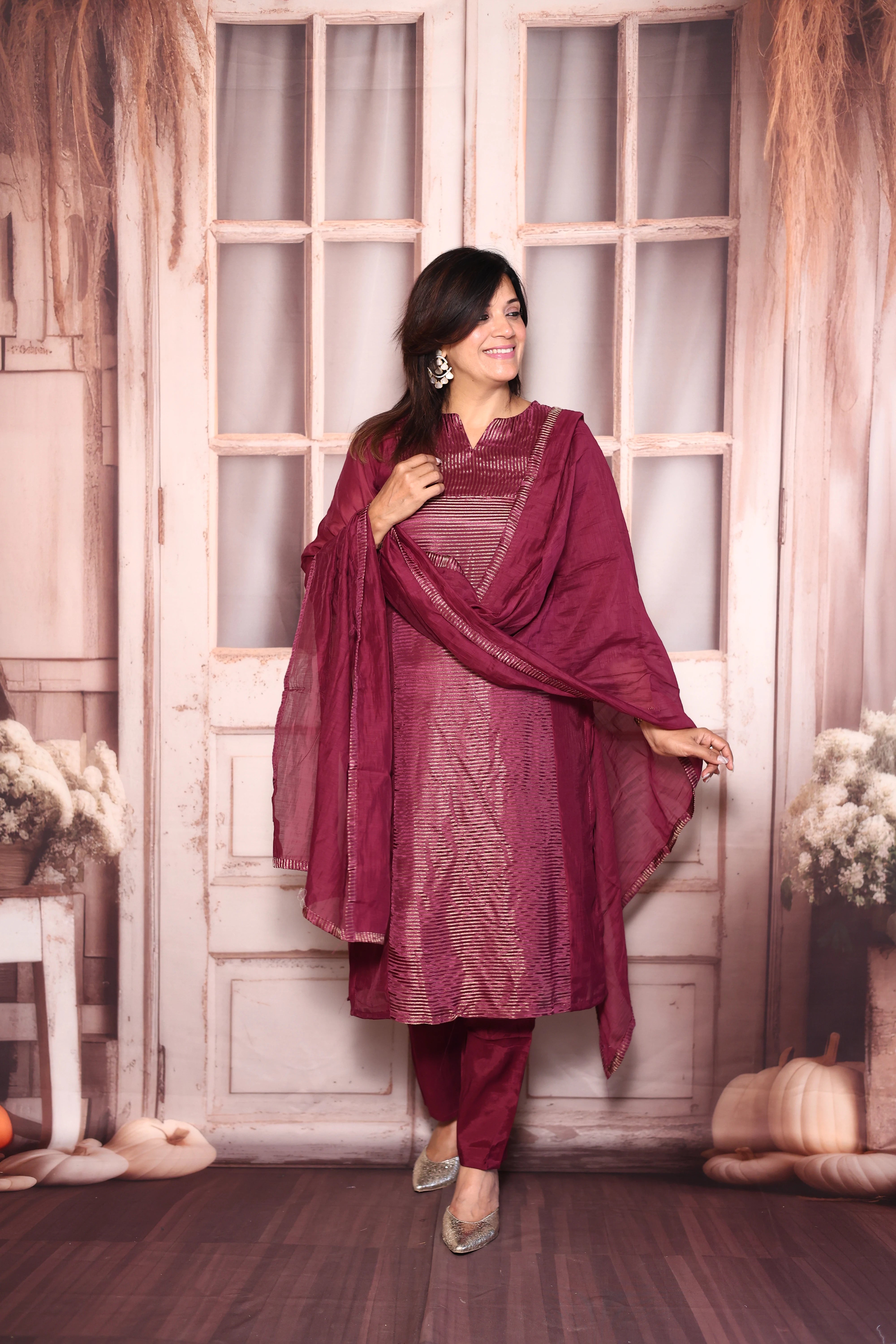 Dark Purple Kurti Pant with Dupatta Set | Pure Mul Chanderi Premium Ethnic Wear