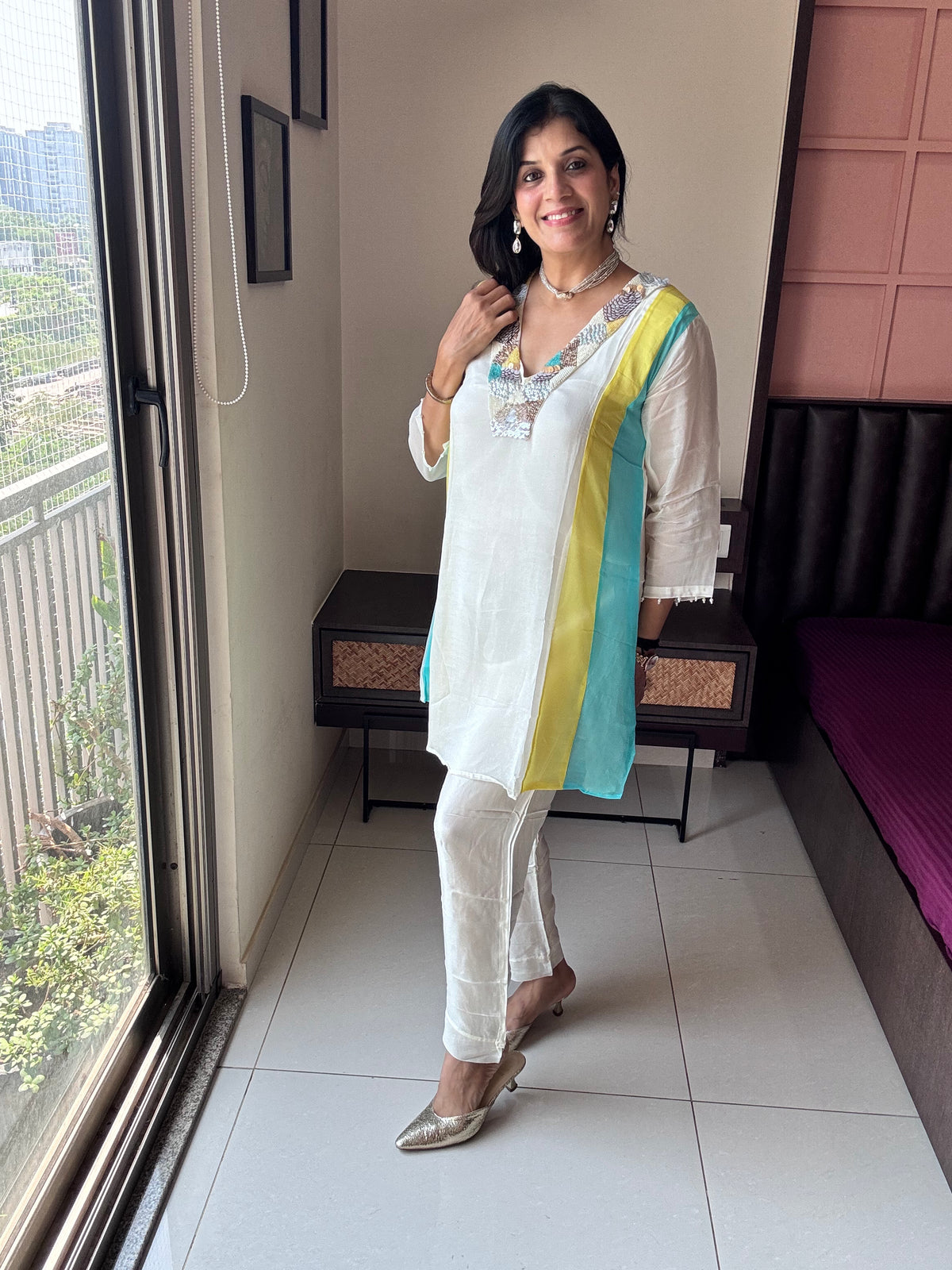 Off White – Color Blocked Side - Delicate Yoke Embroidery Set | Organza and Santoon