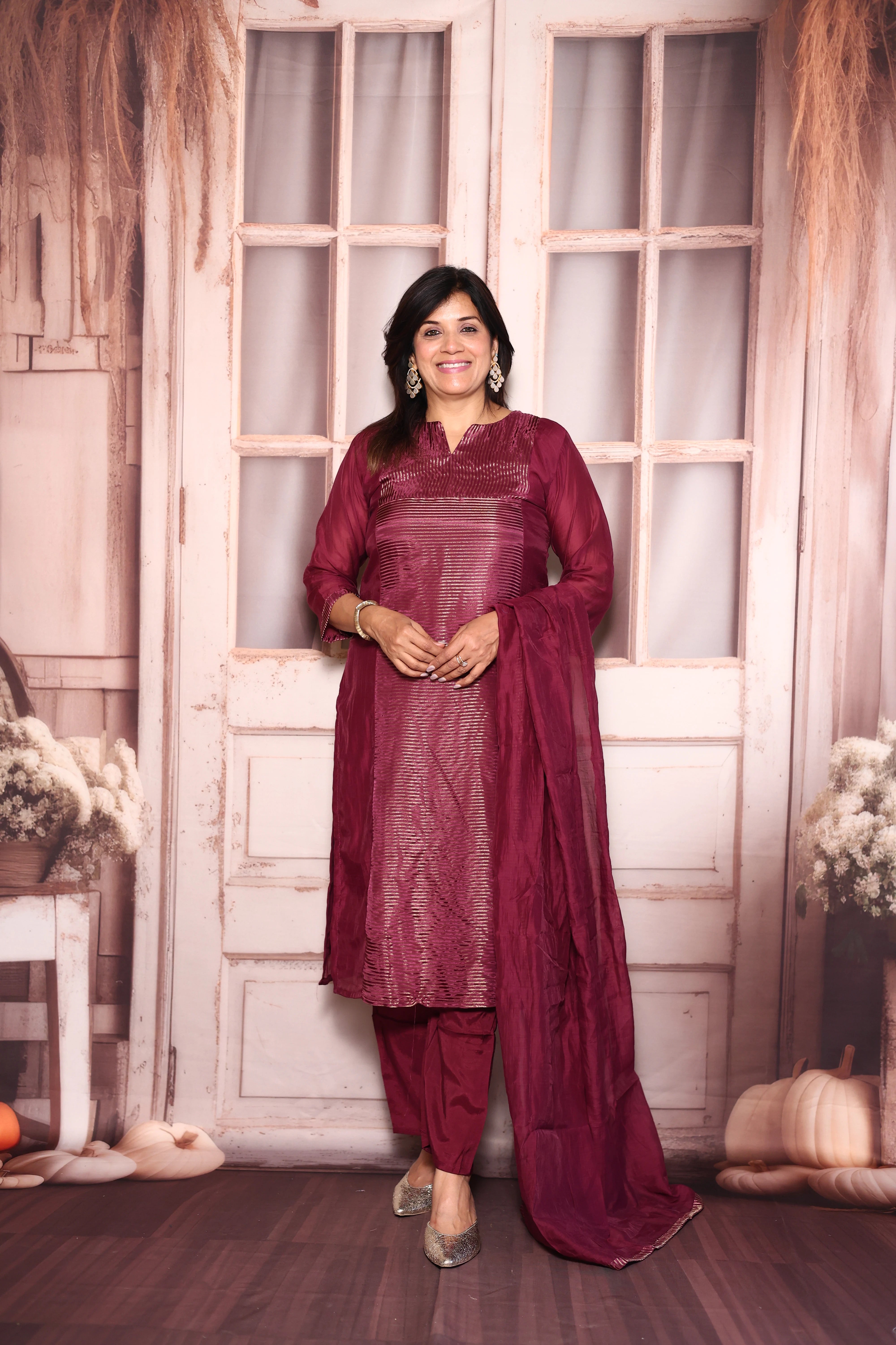 Dark Purple Kurti Pant with Dupatta Set | Pure Mul Chanderi Premium Ethnic Wear
