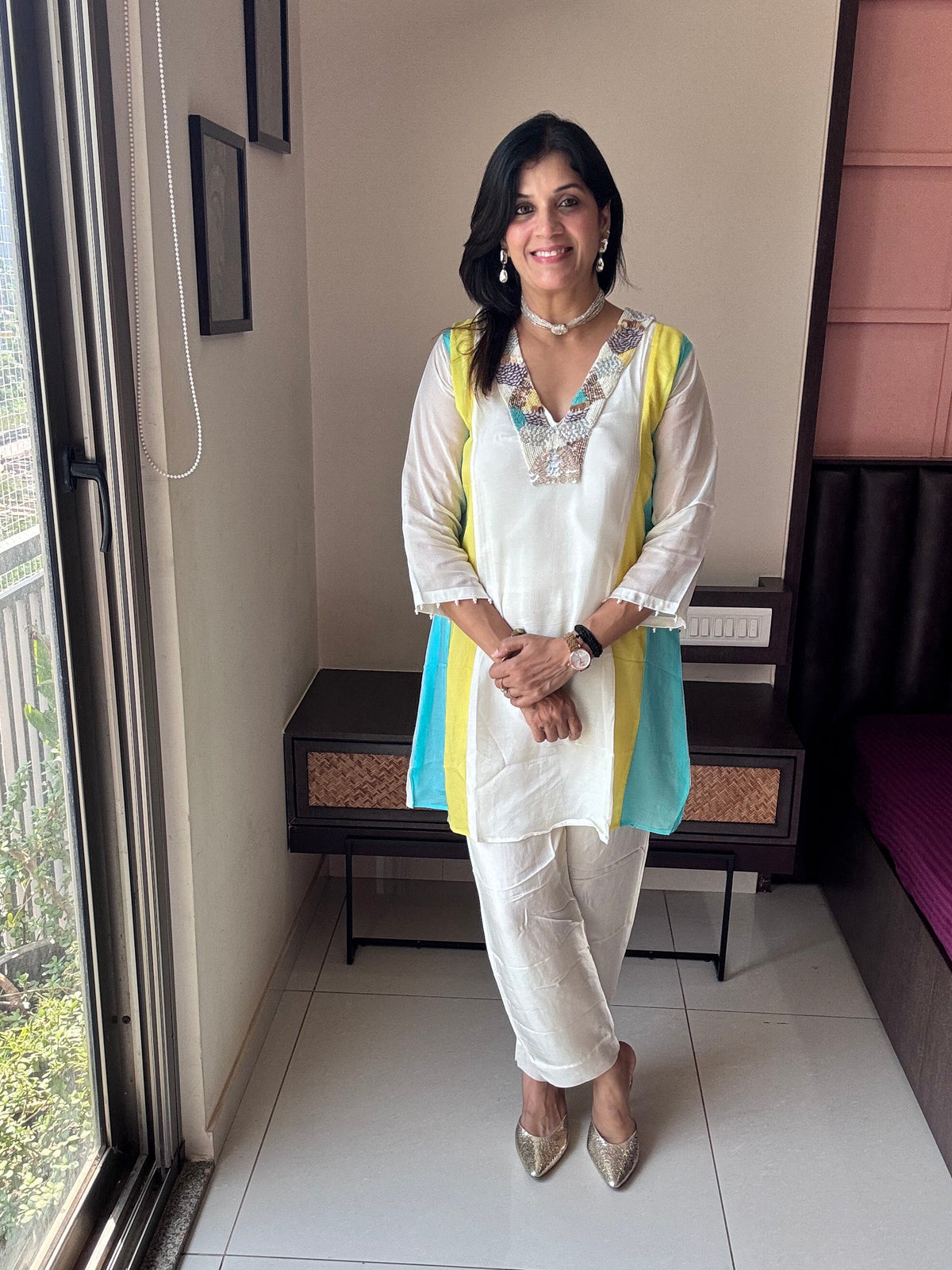 Off White – Color Blocked Side - Delicate Yoke Embroidery Set | Organza and Santoon