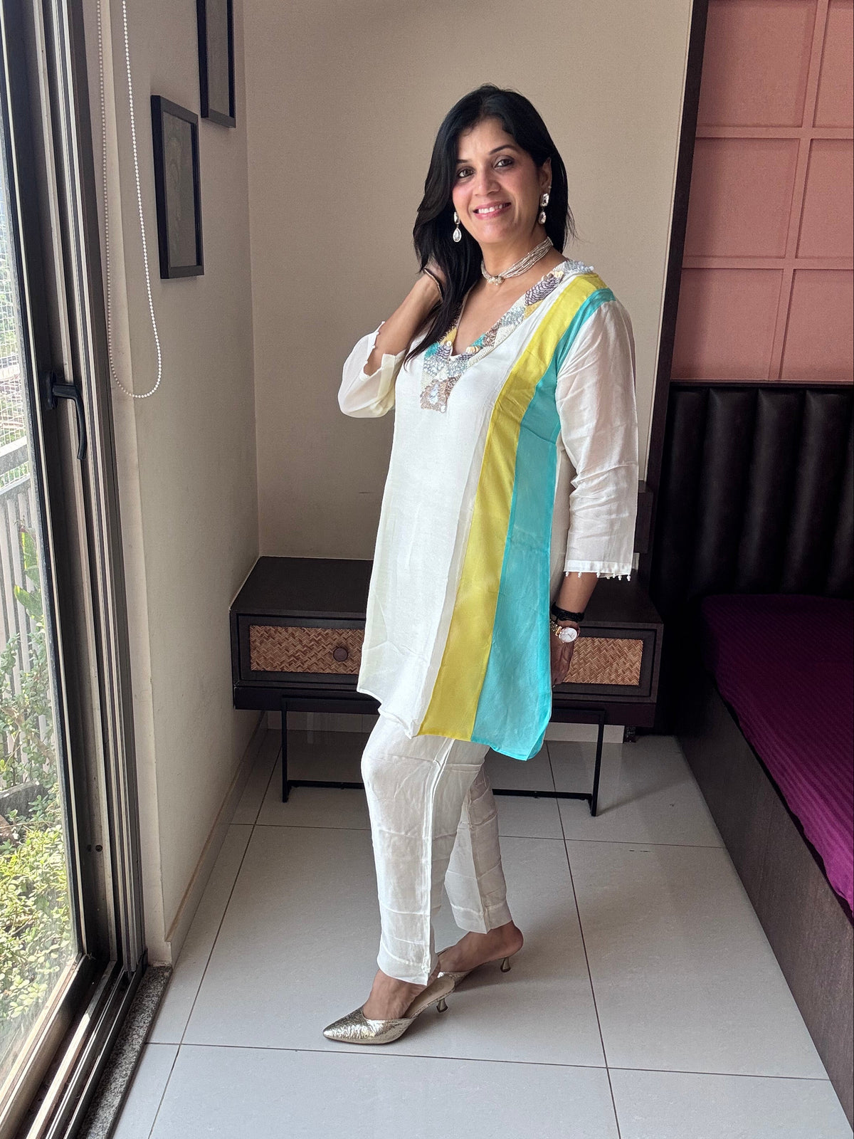 Off White – Color Blocked Side - Delicate Yoke Embroidery Set | Organza and Santoon