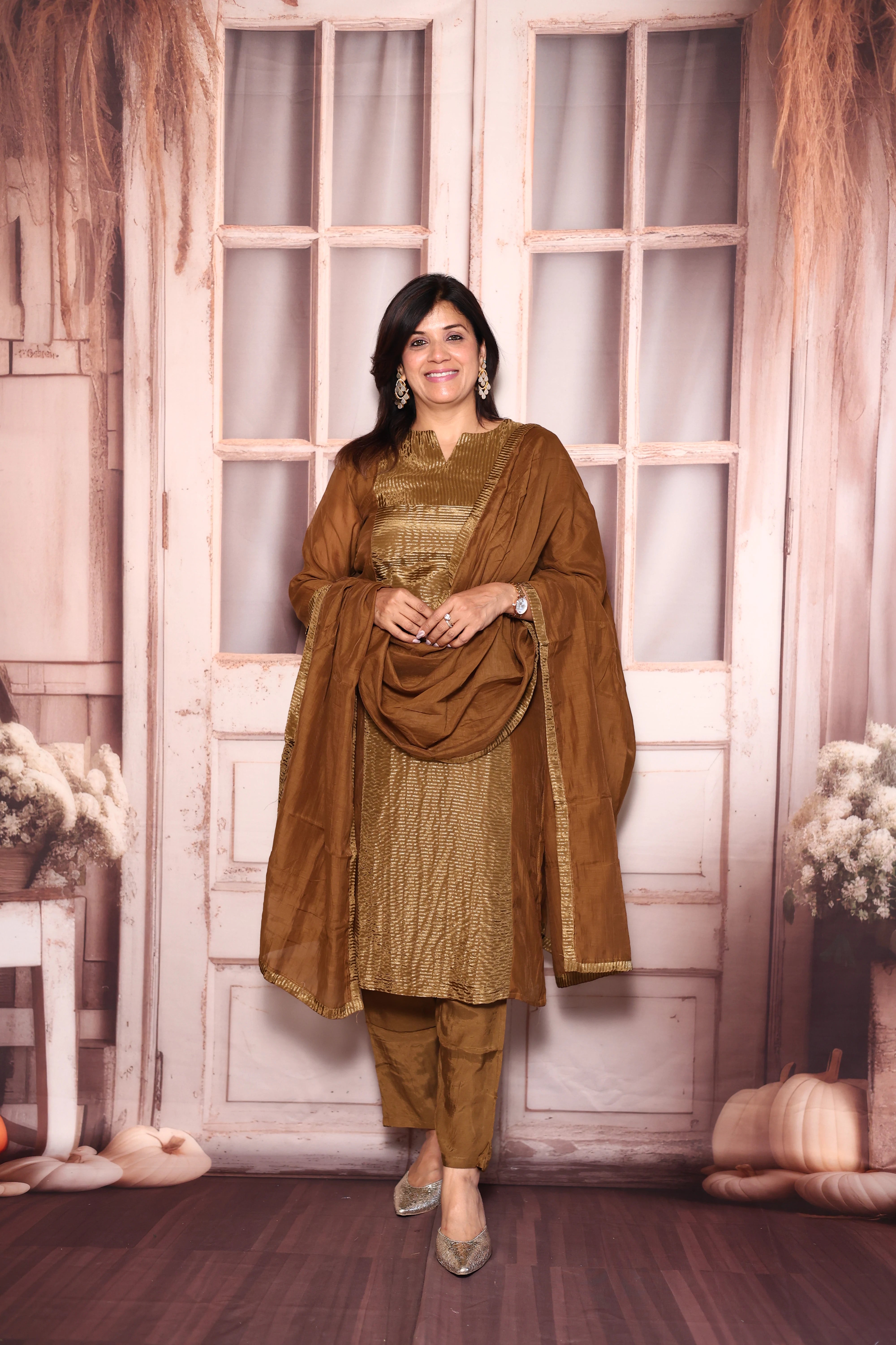 Golden Brown Kurti Pant with Dupatta Set | Pure Mul Chanderi Premium Ethnic Wear