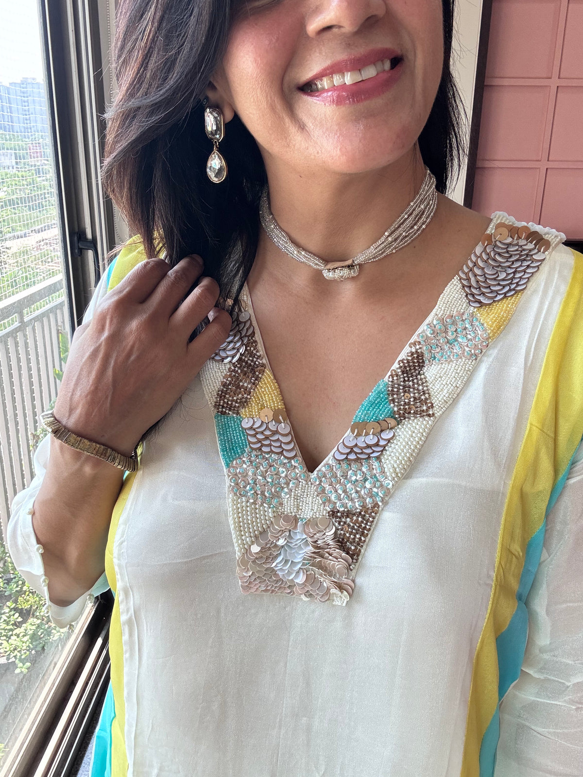Off White – Color Blocked Side - Delicate Yoke Embroidery Set | Organza and Santoon