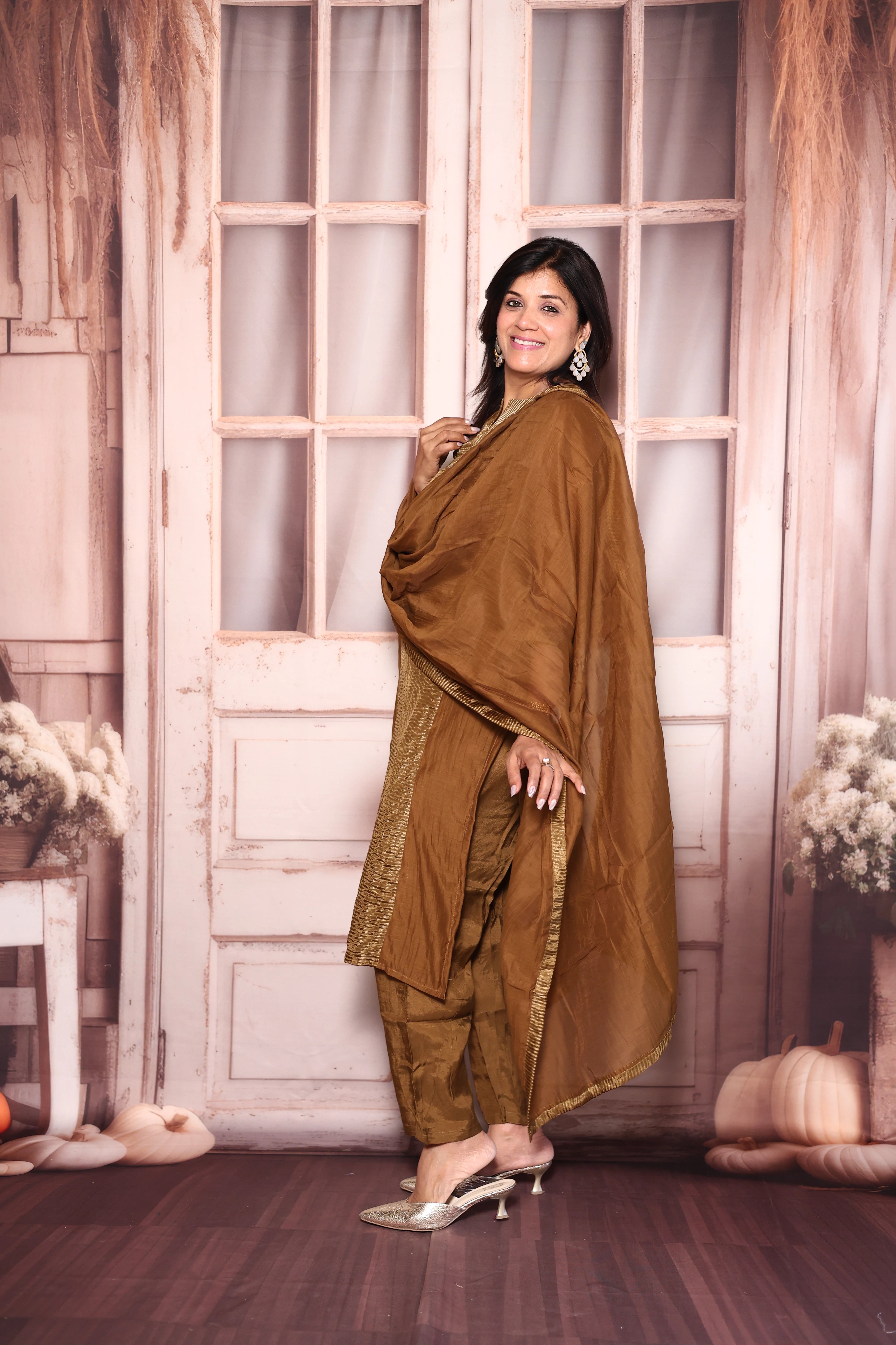 Golden Brown Kurti Pant with Dupatta Set | Pure Mul Chanderi Premium Ethnic Wear