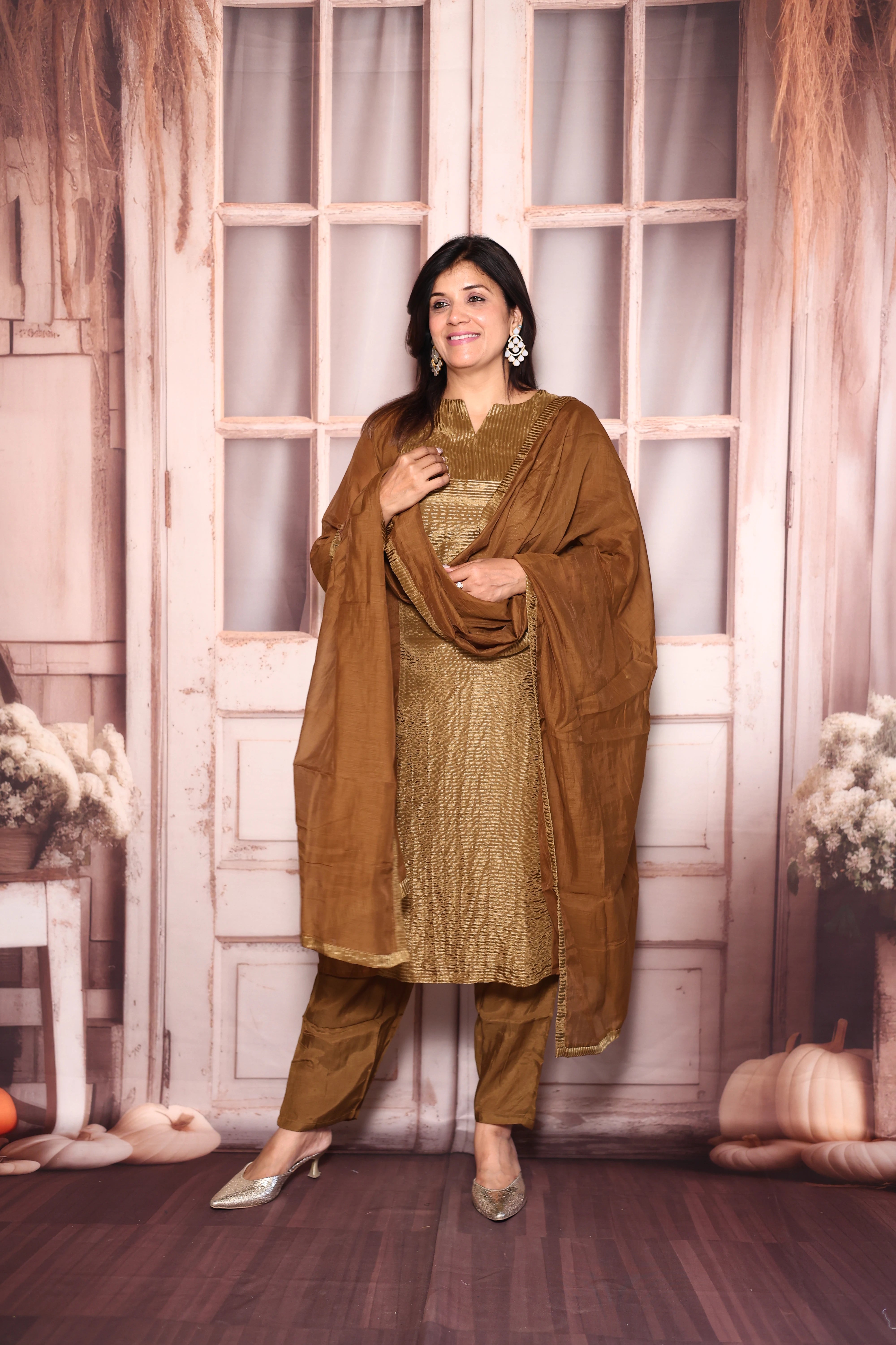 Golden Brown Kurti Pant with Dupatta Set | Pure Mul Chanderi Premium Ethnic Wear