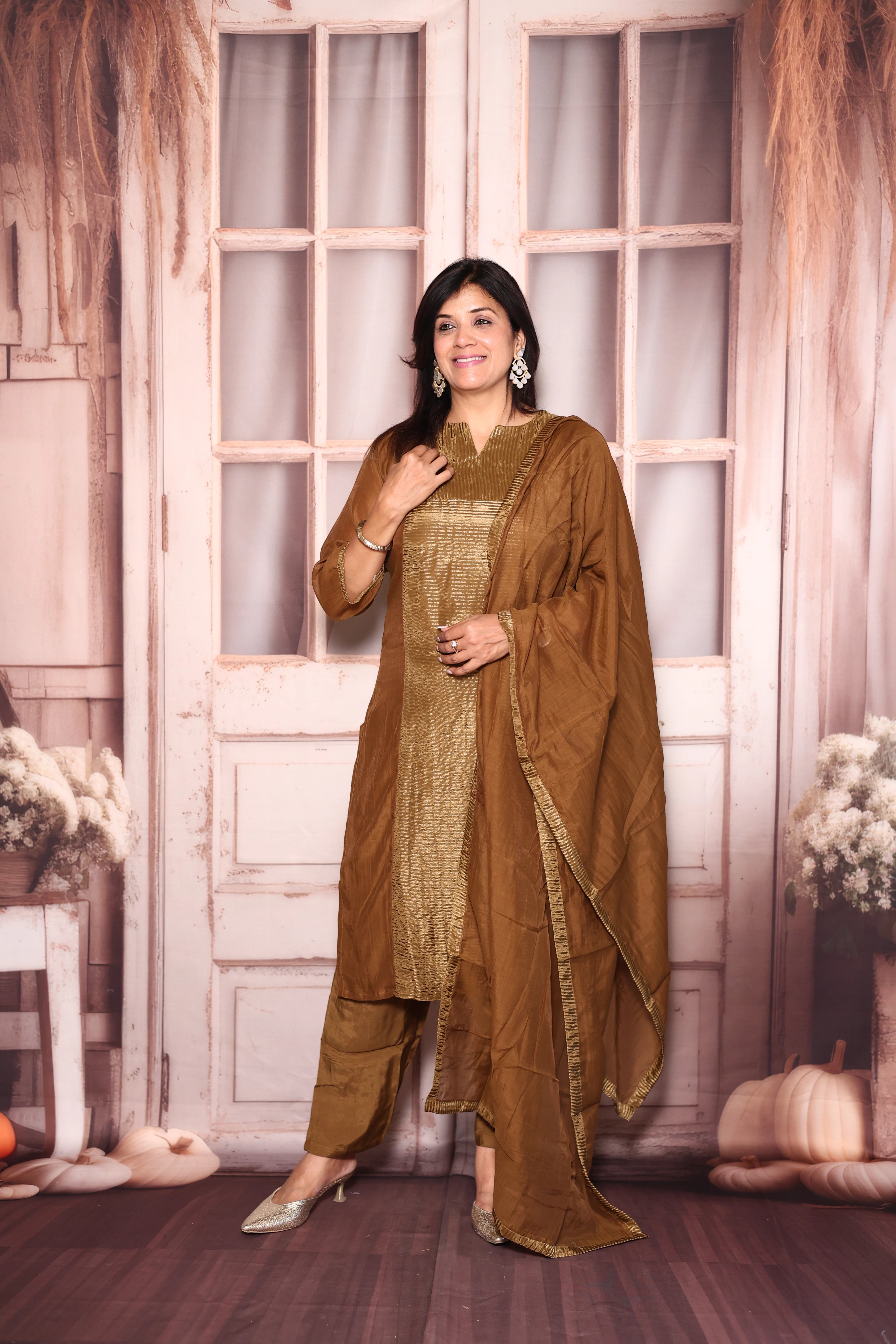 Golden Brown Kurti Pant with Dupatta Set | Pure Mul Chanderi Premium Ethnic Wear