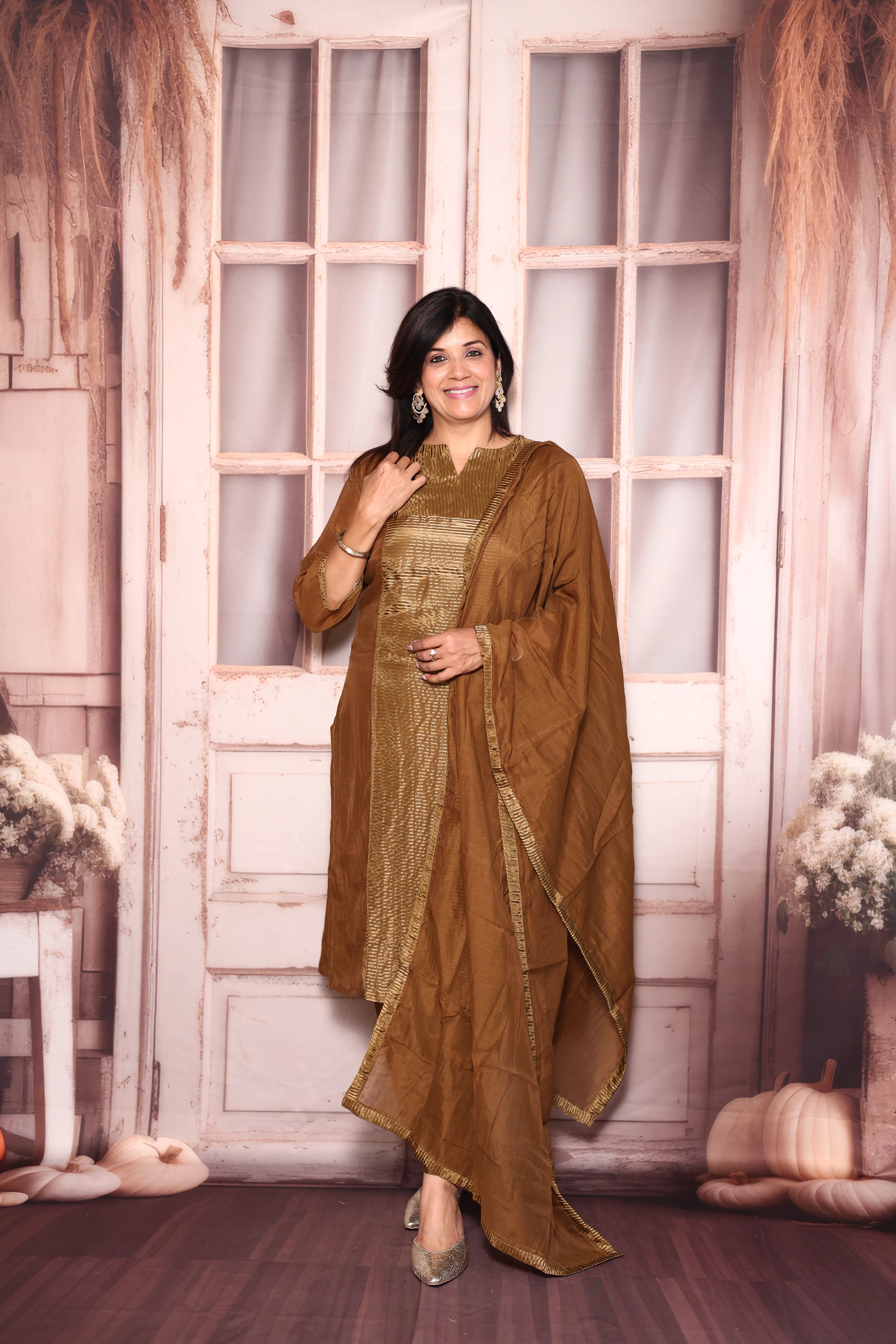 Golden Brown Kurti Pant with Dupatta Set | Pure Mul Chanderi Premium Ethnic Wear