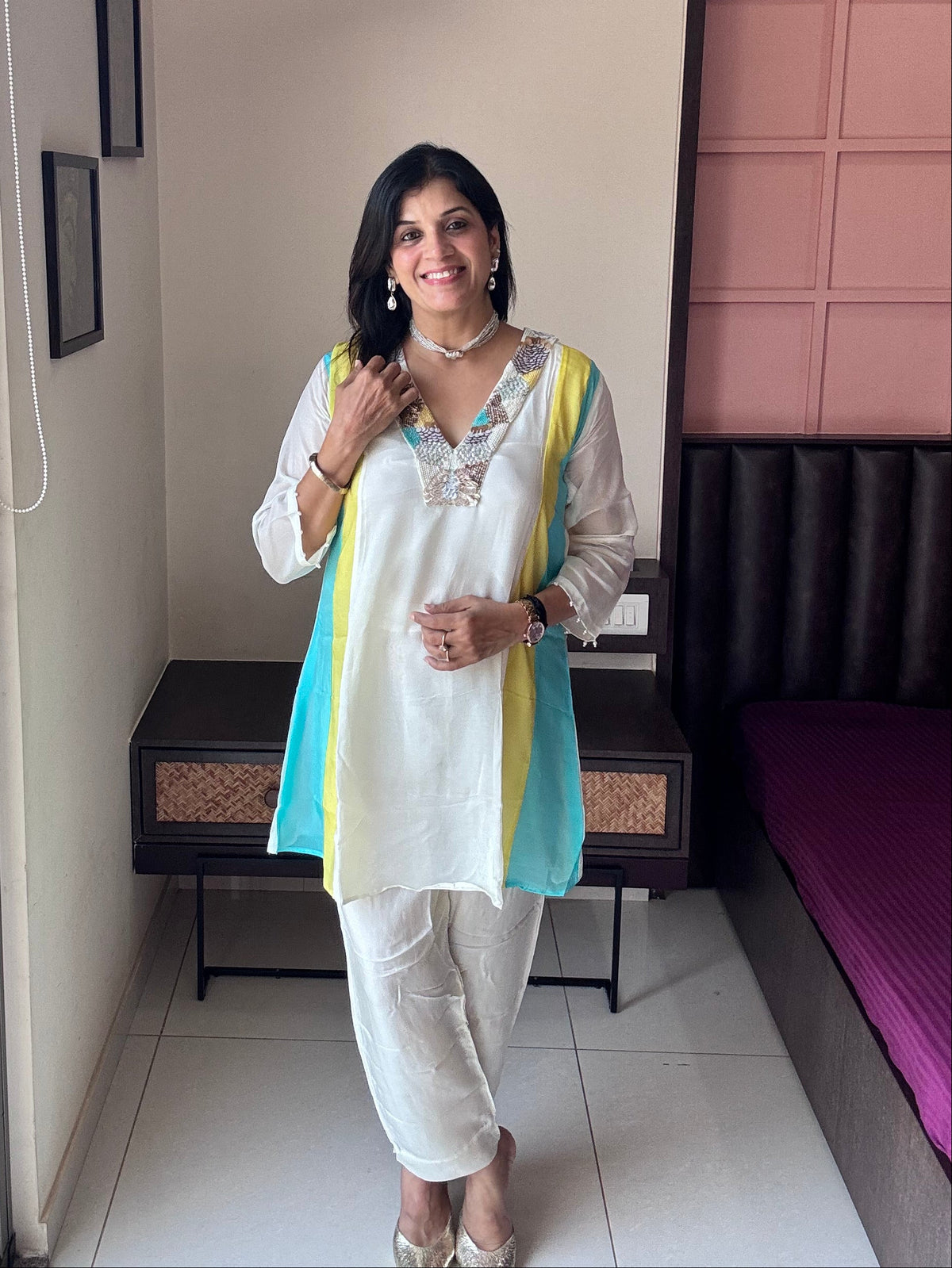 Off White – Color Blocked Side - Delicate Yoke Embroidery Set | Organza and Santoon