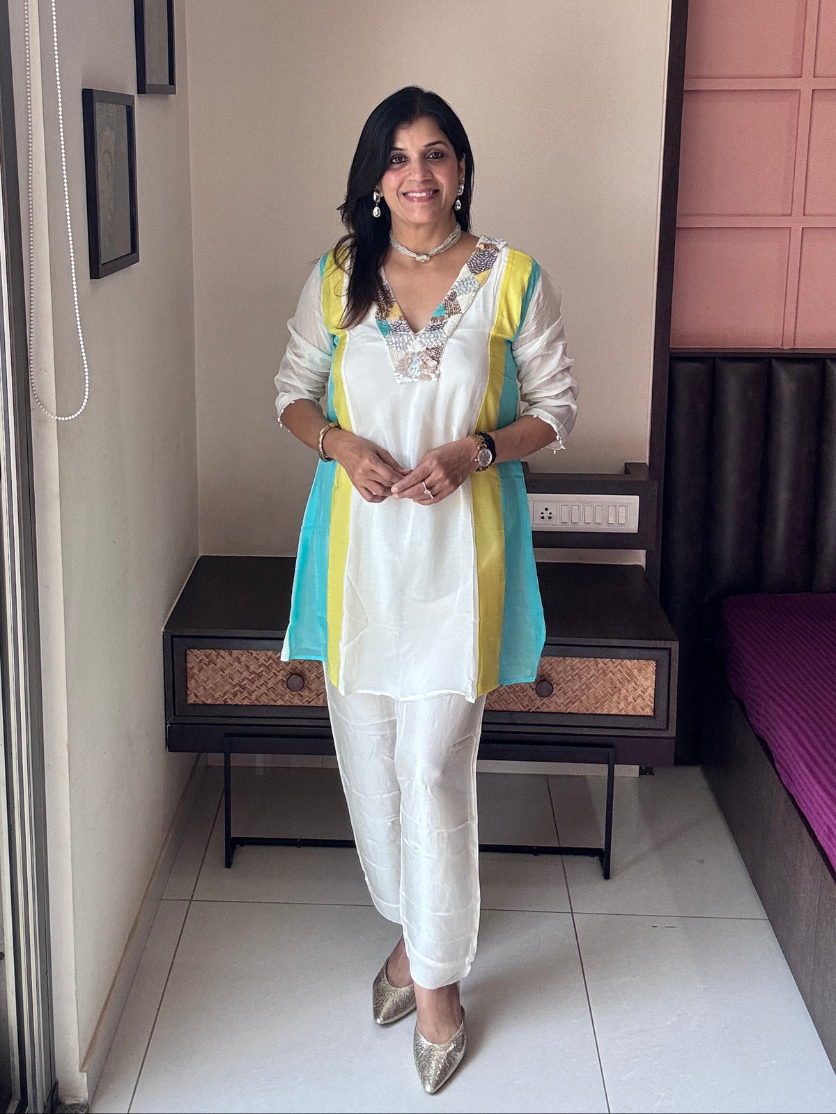 Off White – Color Blocked Side - Delicate Yoke Embroidery Set | Organza and Santoon