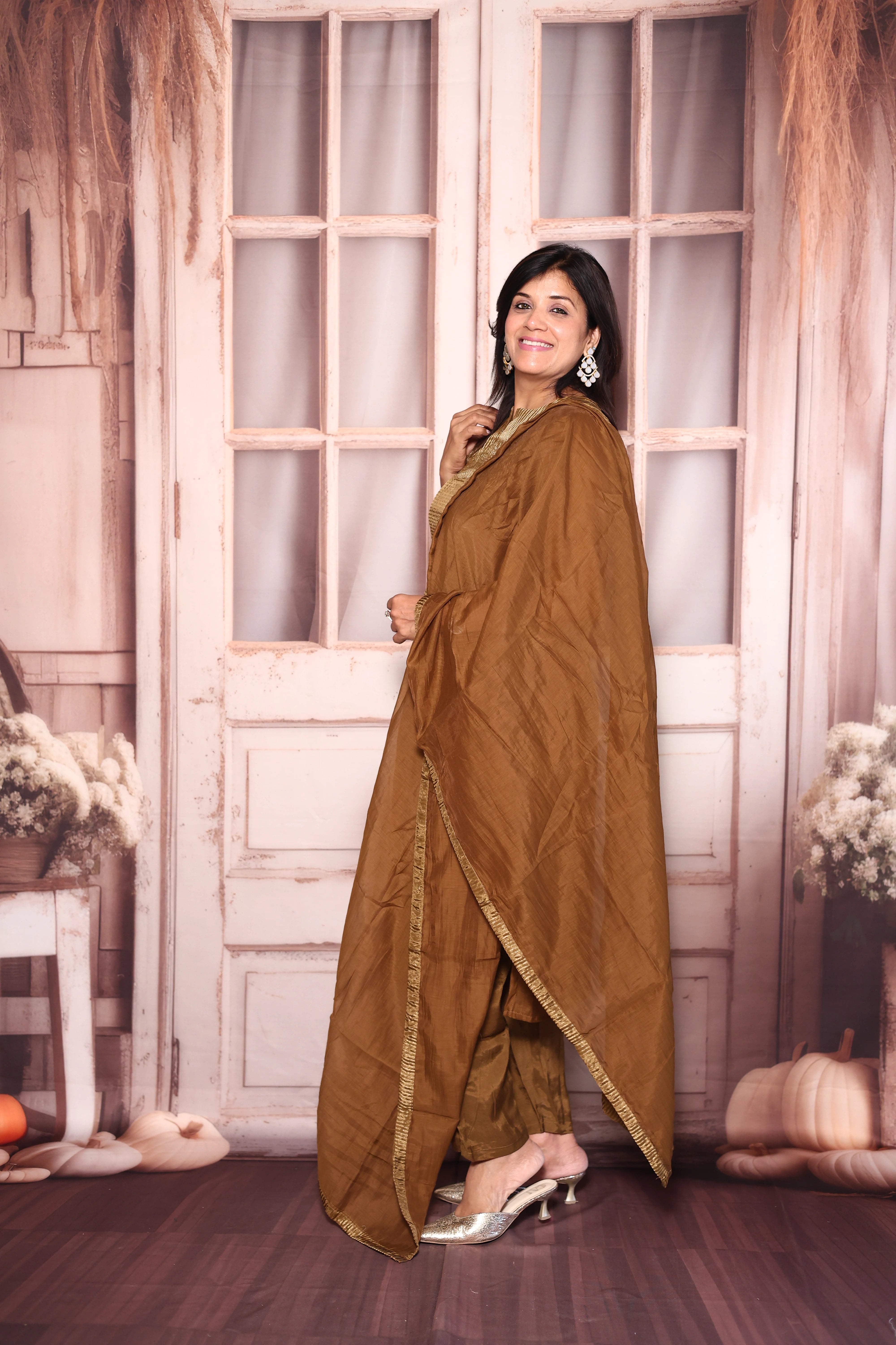 Golden Brown Kurti Pant with Dupatta Set | Pure Mul Chanderi Premium Ethnic Wear